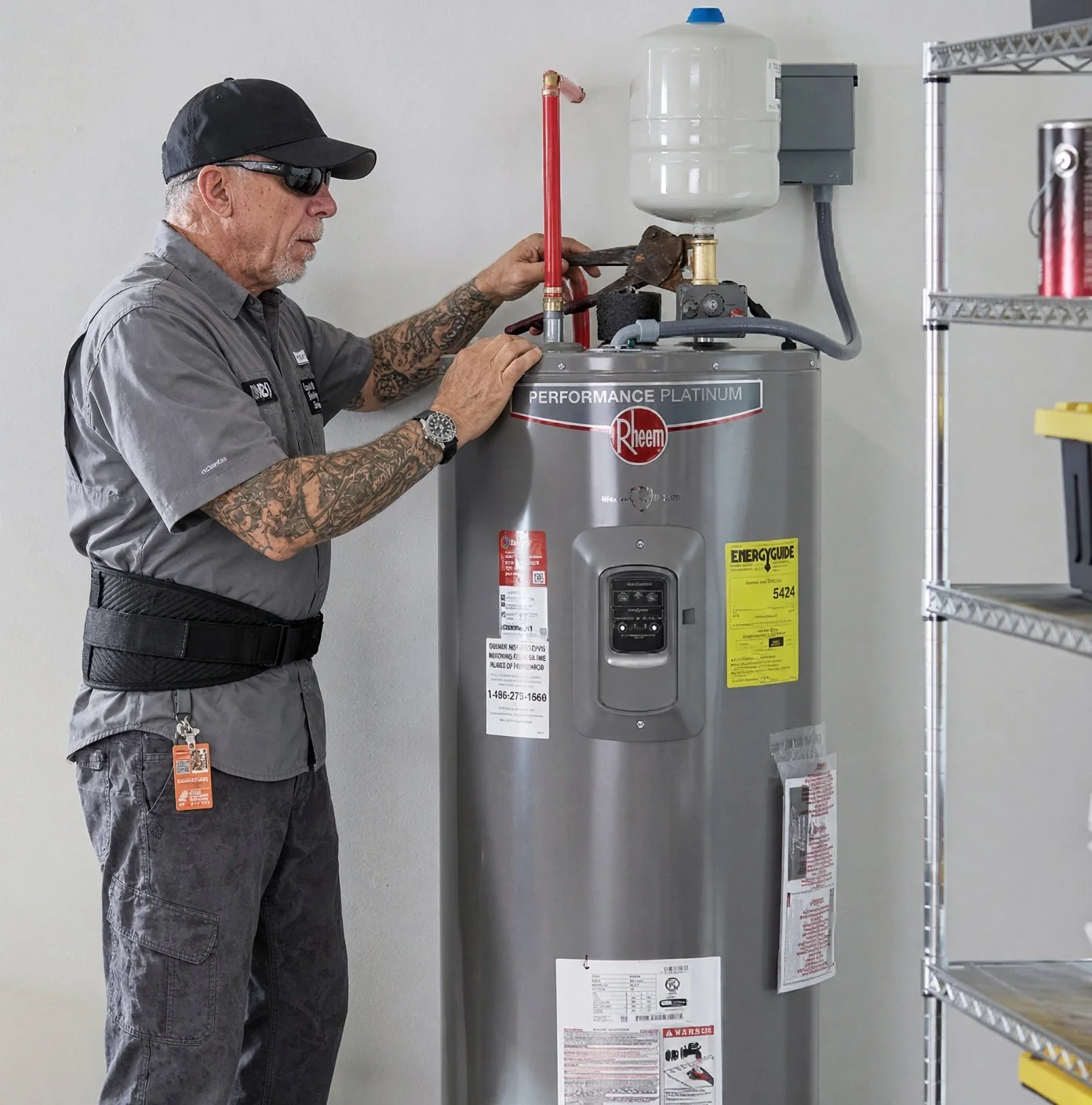 Dan from Good Ole Plumbing Services working on an electric water heater.
