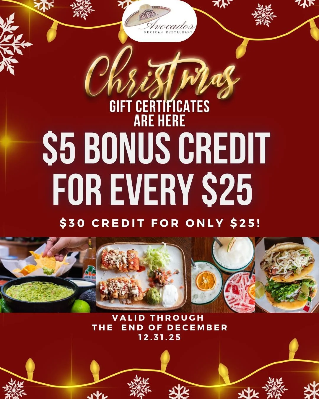 Perfect for last-minute holiday gifting 🎁 All month long, when you purchase $25 in gift certificates, you&rsquo;ll receive a $5 bonus credit on us.

Perfect for stocking stuffers, yankee swap, thank-you gifts, or an excuse to plan your next visit 🌮