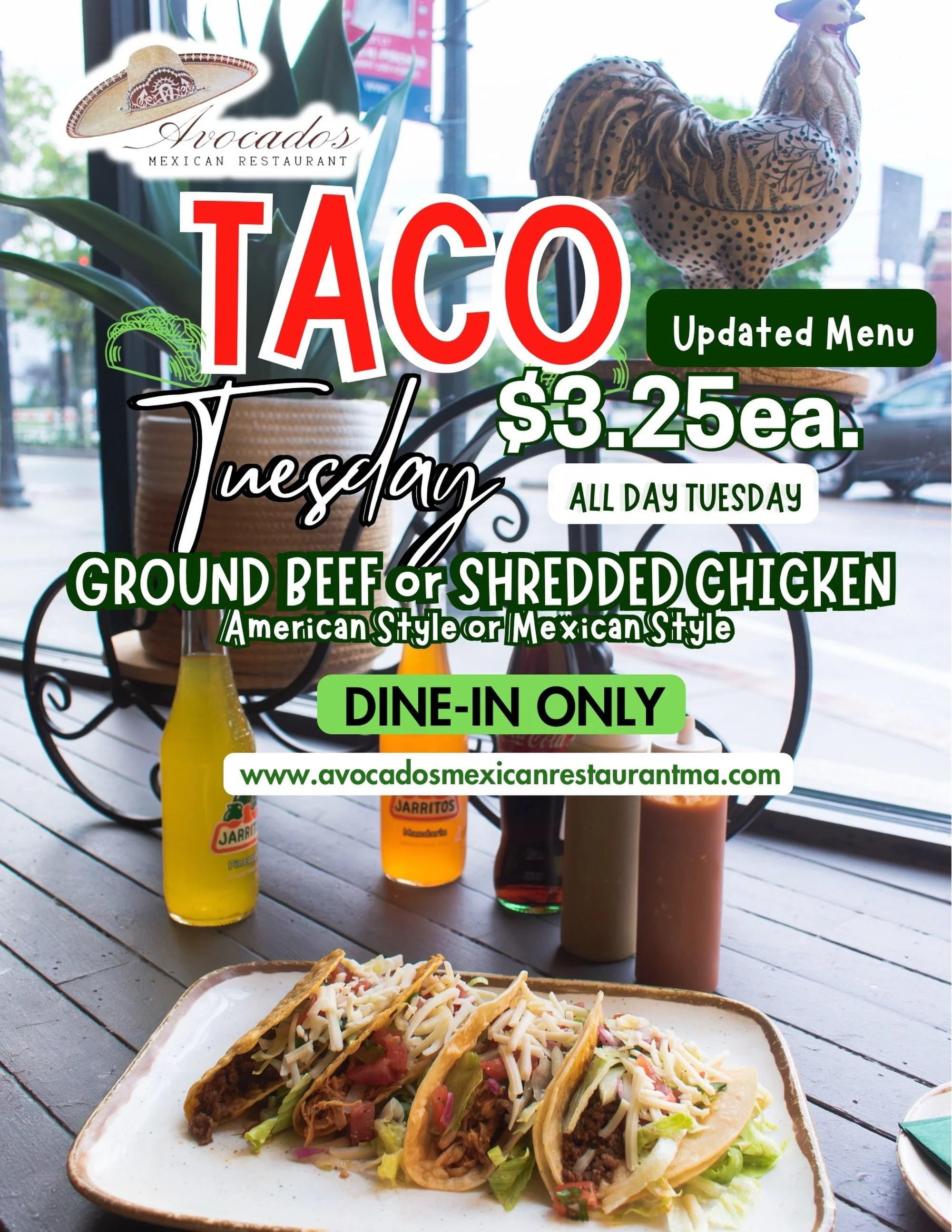 🆕 🌮 We&rsquo;re updating our Taco Tuesday menu! 

Every Tuesday, enjoy tacos for just $3.25 each and build them your way. Choose from seasoned ground beef or shredded chicken, then pick between Mexican-style or American-style toppings. Prefer soft 