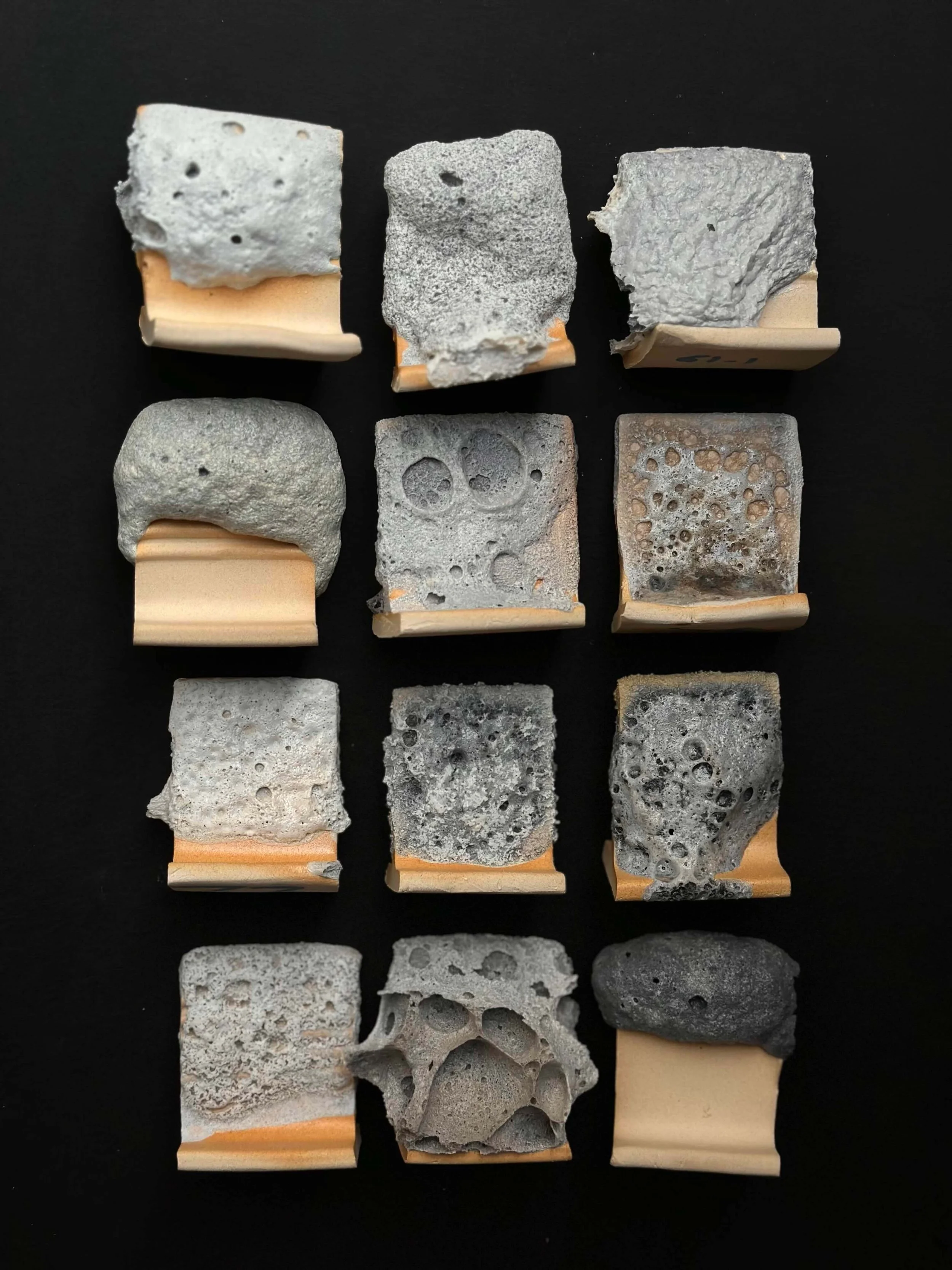 Ceramic glaze test tiles showing lava glaze and special effect glaze variations — from the Textures in Ceramics course by Maria Loram