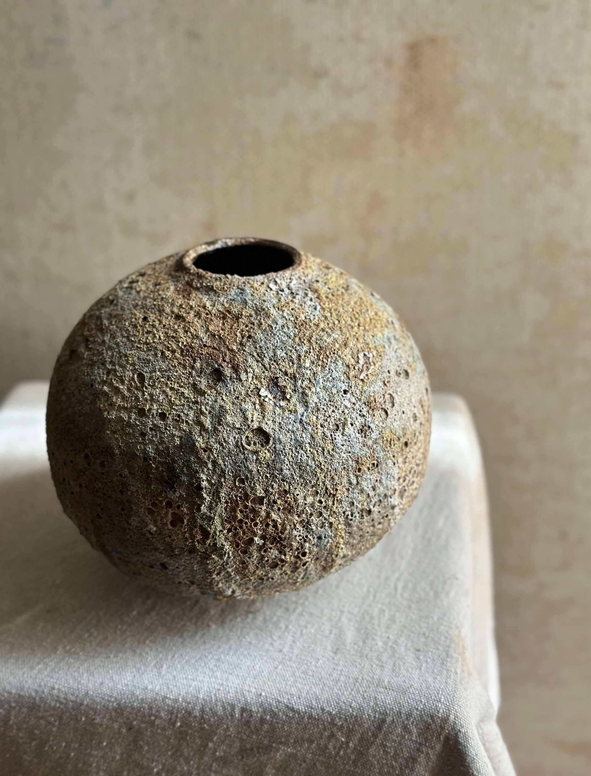 raw aesthetic decor, natural texture decor, handmade ceramic vase, hand-thrown ceramics, textured stoneware, lava glaze vase, medium sculptural vessel, handcrafted ceramic moon jar