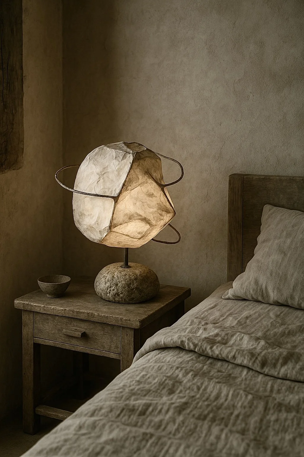 Ceramic lamp glowing warmly on a bedside table, linen bed