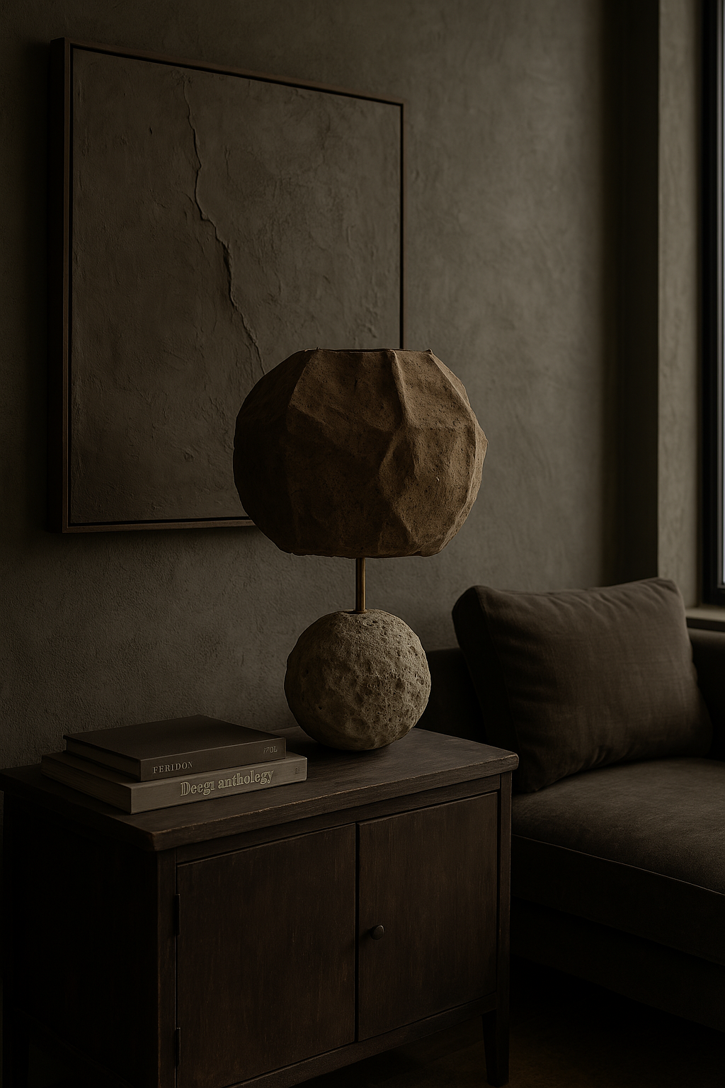 Ceramic lamp on design books, dark wood cabinet, framed art, sofa behind