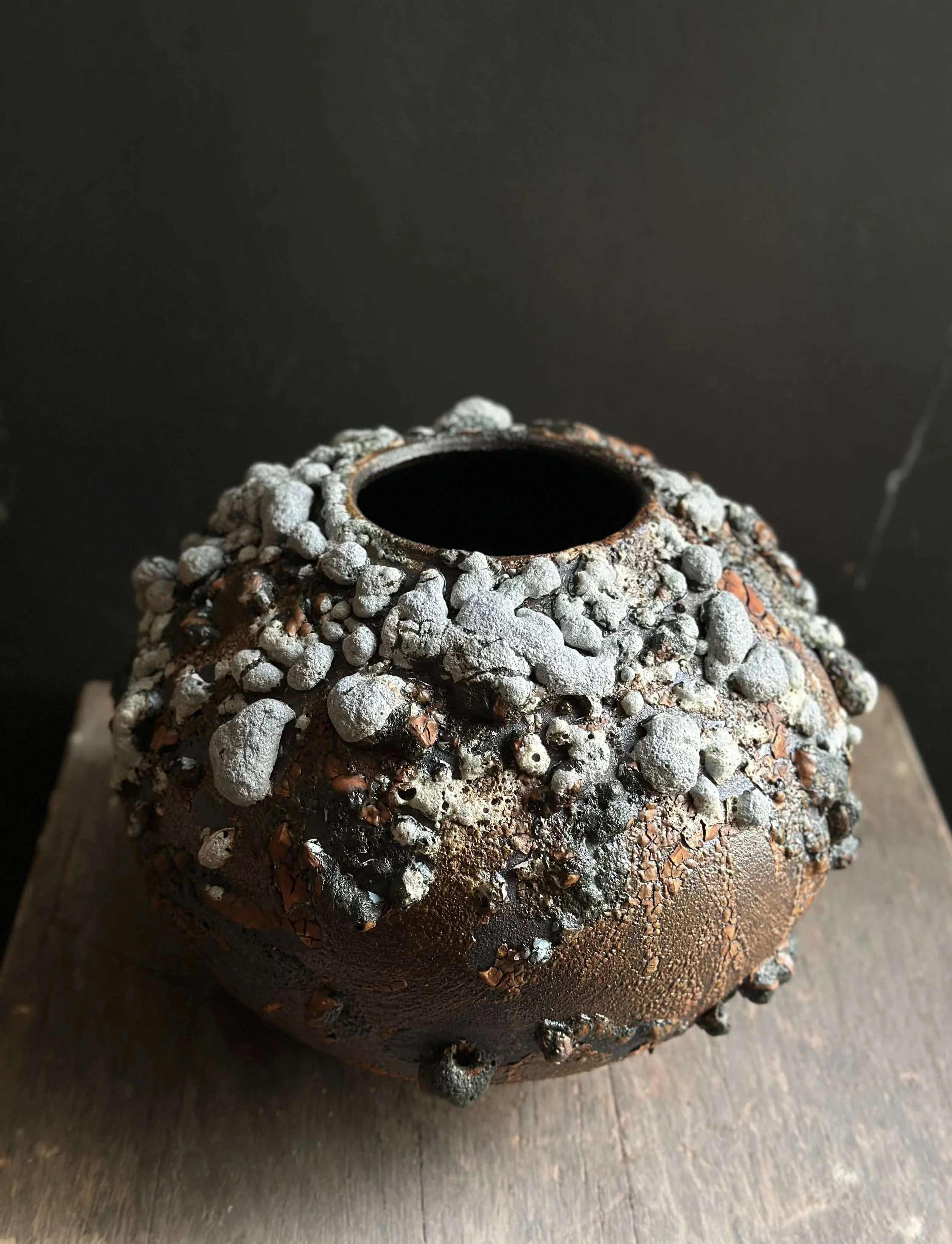 Lava glaze ceramic vessel — volcanic surface texture, special effect glaze