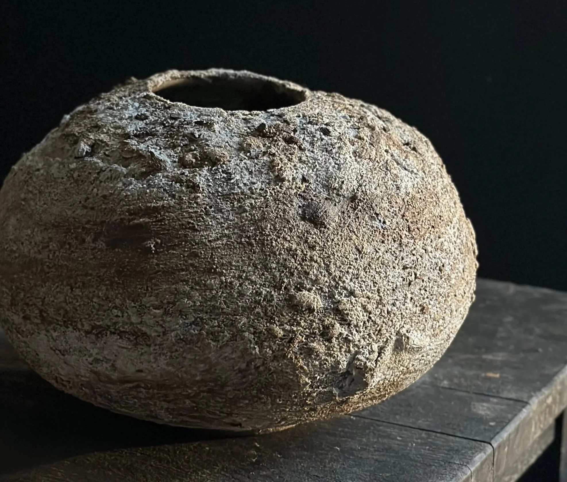 Wabi-sabi textured ceramic moonjar with rough stone-like surface — handmade sculptural vessel by Maria Loram, Loram Ceramics