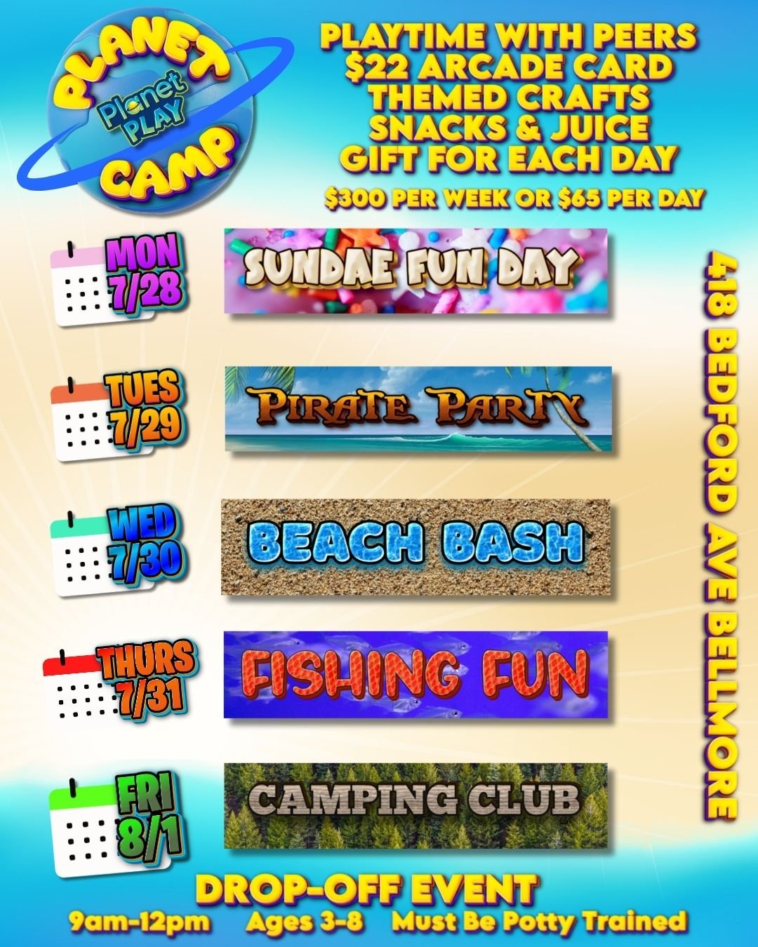☀️Summer fun starts HERE at Planet Play in Bellmore!☀️

Join us for our Summer Camp &mdash; the perfect drop-off adventure for kids ages 2&ndash;8!
🕘 9AM&ndash;12PM | Playtime + Group Games
🎮 Arcade &amp; Game Cards
🧗 Jungle Gym &amp; Bounce House