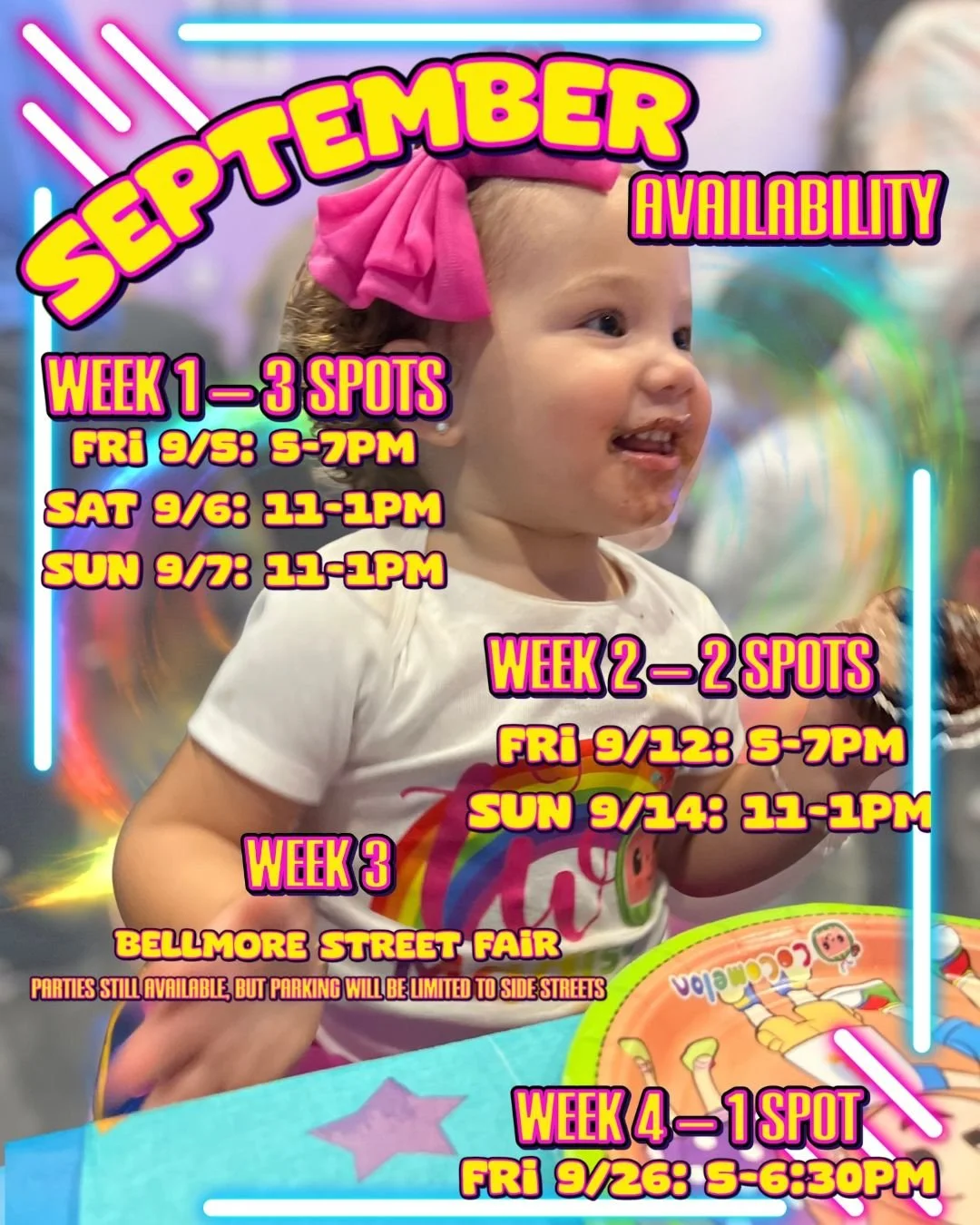 🎉✨ September is almost full&mdash;only 6 weekend party spots left! ✨🎉

Here&rsquo;s what we&rsquo;ve got:
📅 Week 1: Fri 9/5 (5&ndash;7), Sat 9/6 (11&ndash;1), Sun 9/7 (11&ndash;1)
📅 Week 2: Fri 9/12 (5&ndash;7), Sun 9/14 (11&ndash;1)
🎡 Week 3: B