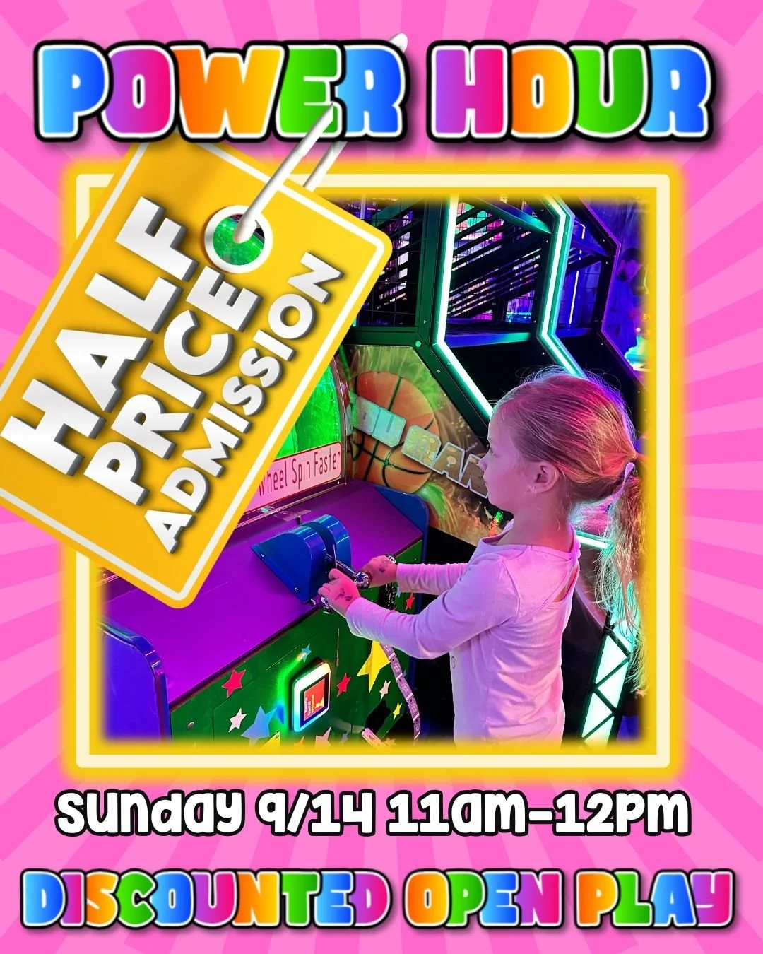 ⚡️✨ POWER HOUR ALERT ✨⚡️

Join us THIS SUNDAY, SEPTEMBER 14TH, for Power Hour from 11AM-12PM! 🕑

💥 Half-price open play &ndash; only $12.50! (Regular admission is $25)
🎮 Includes a $6 game card for the arcade!

Don&rsquo;t miss out on an hour of F