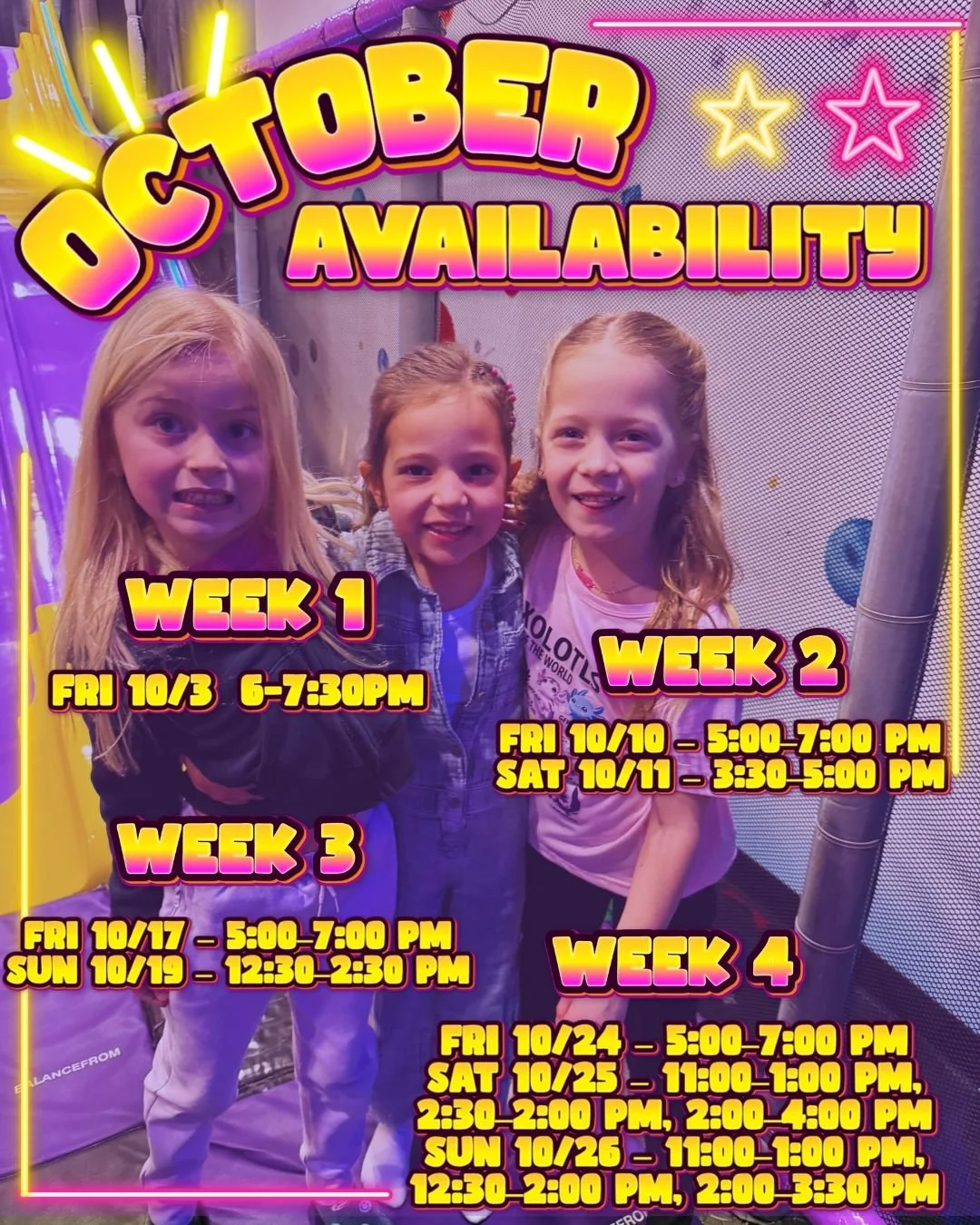 🚨 OCTOBER PARTY ALERT! 🚨
Our October weekends are almost gone &ndash; but we still have a few prime spots left! 🎉

✨ Week 1&ndash;4 Openings:
🎈 Fridays, Saturdays &amp; Sundays &ndash; limited times available!
🎈 All-inclusive, stress-free privat