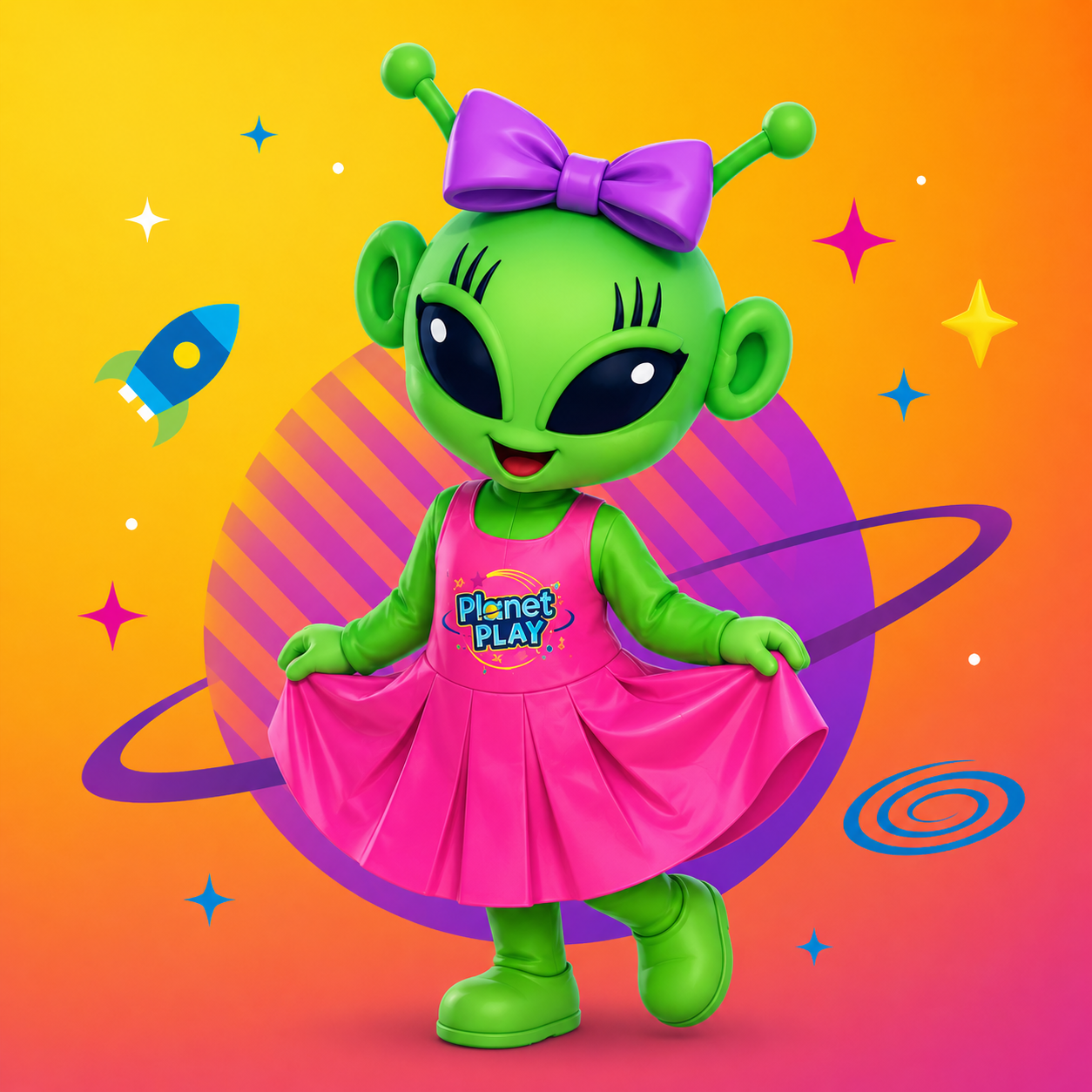 A green alien character wearing a pink dress with a 'Planet Play' logo, purple bow on its head, standing in a colorful space-themed background with planets, stars, and a rocket.