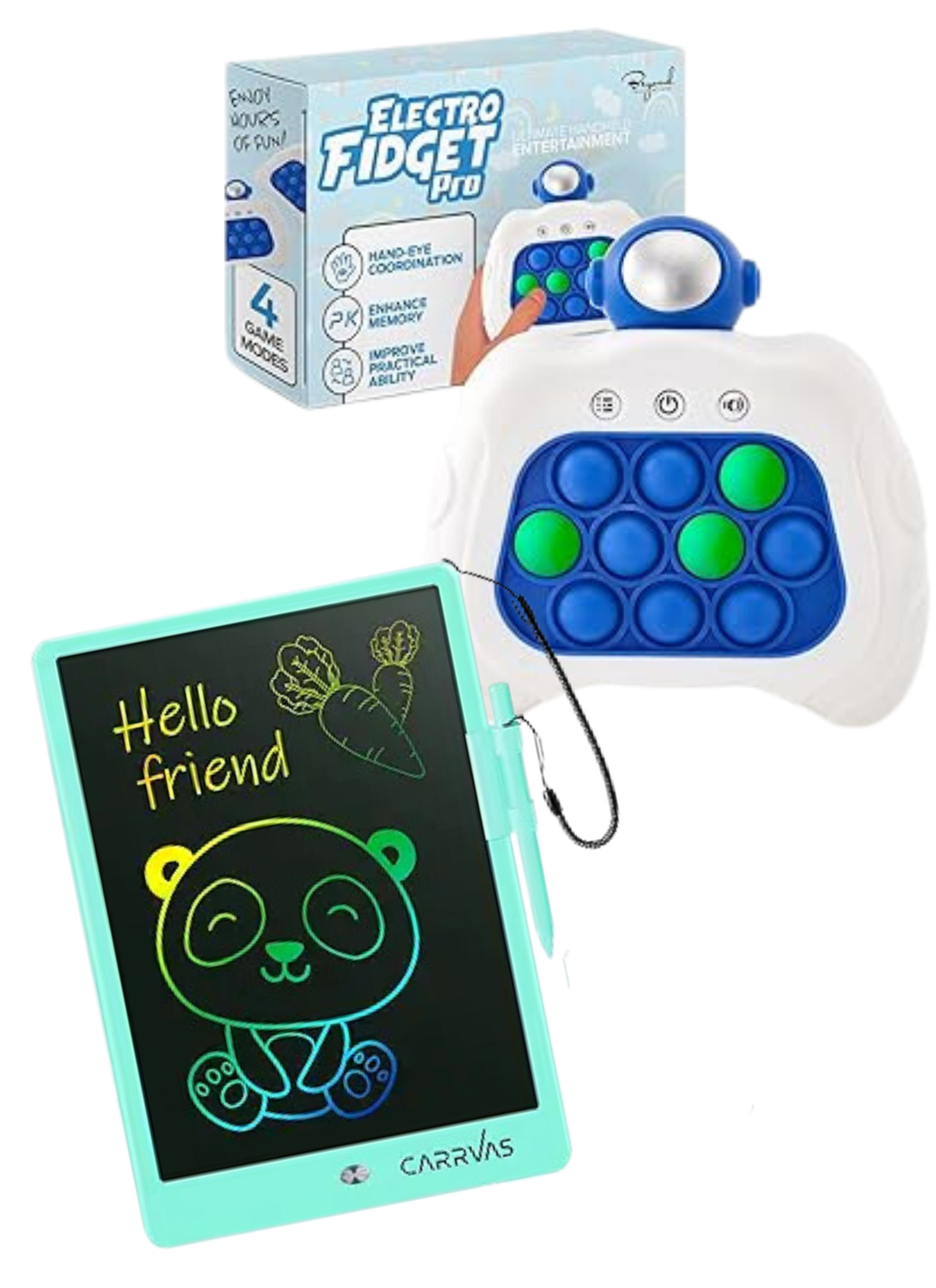 A toy called Electro Fidget Pro, a fidget toy with blue and green circular buttons, a game handheld device with a screen displaying a cartoon bear and a 'Hello friend' message, and a small device attached to the toy.