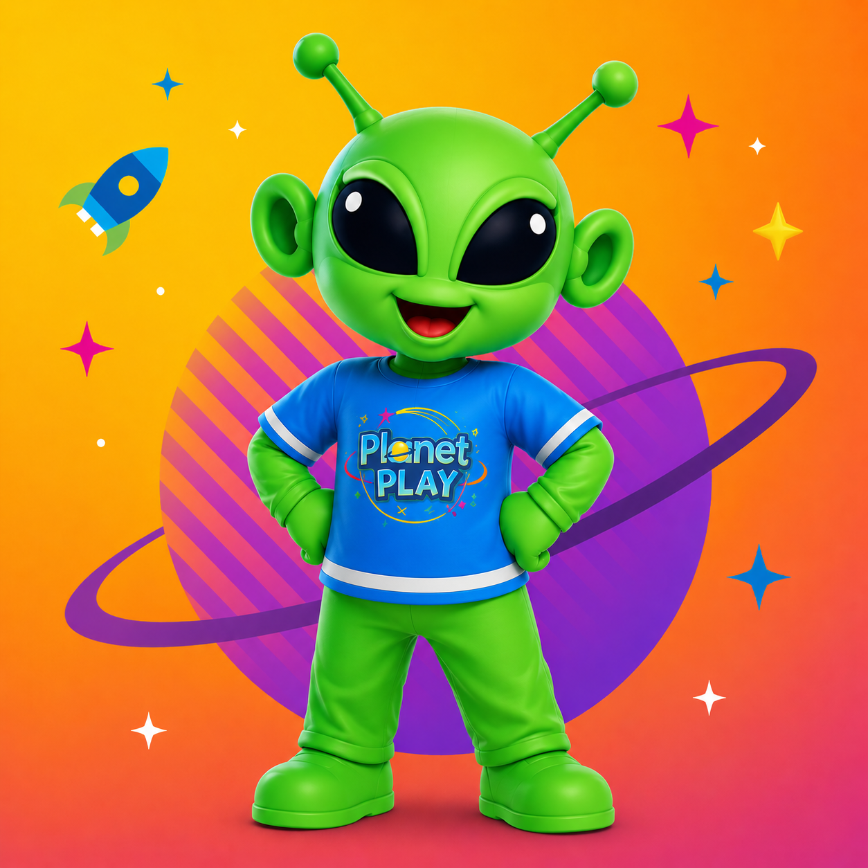 A cute green alien character with large black eyes standing with hands on hips, wearing a blue "Planet Play" t-shirt and green pants, in front of a colorful space-themed background with planets, stars, and a rocket.
