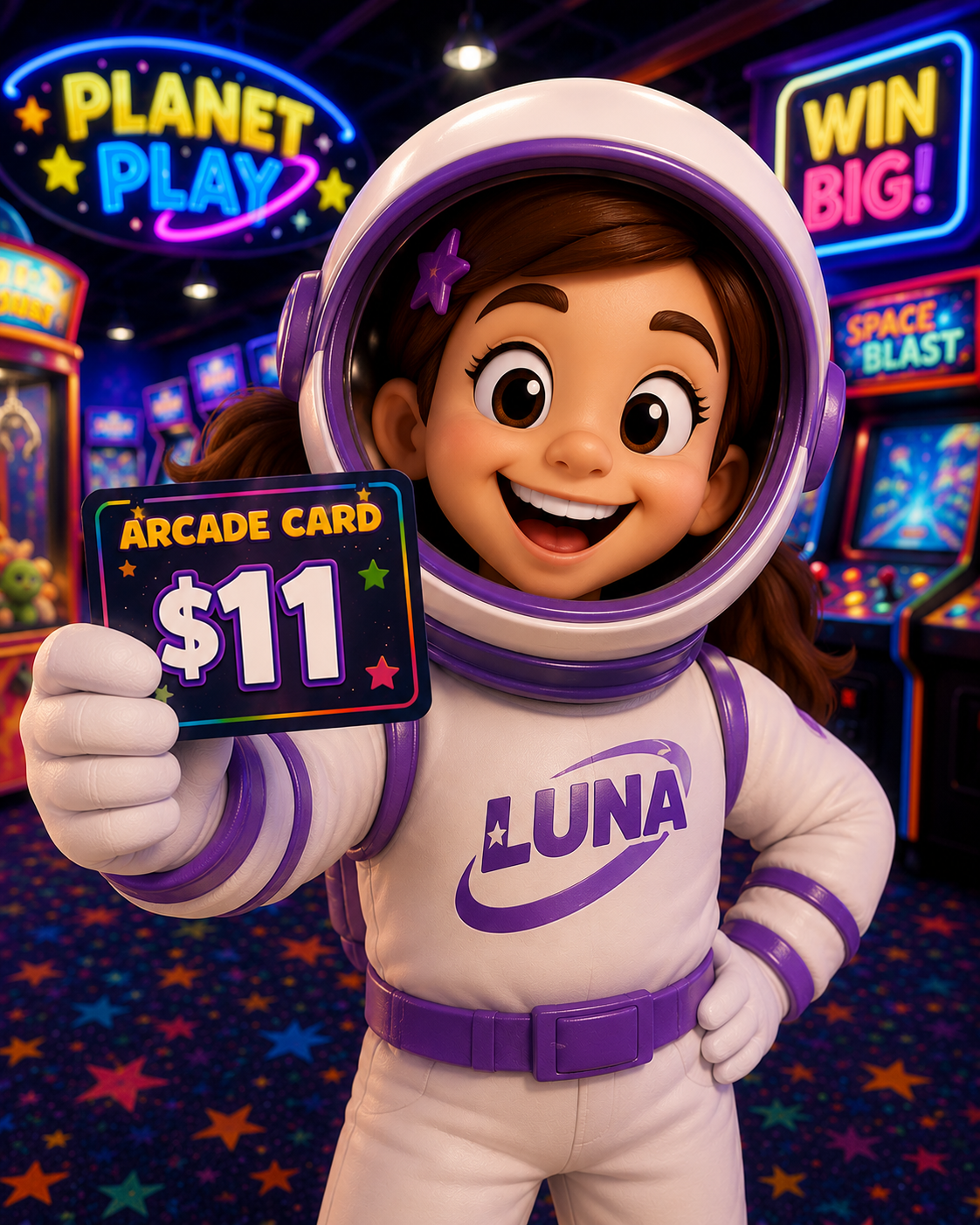 A cheerful woman in a Luna-themed astronaut costume at an arcade, holding an $11 arcade card, with colorful arcade games and neon signs in the background.