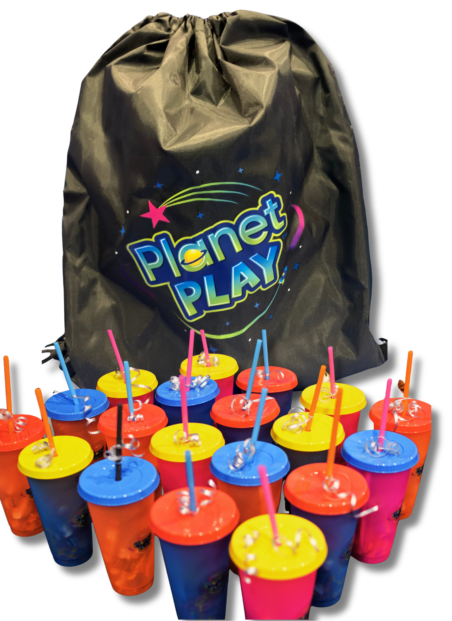Black drawstring backpack with a colorful planetary-themed design reading "Planet Play" surrounded by stars and shooting comets, positioned behind a cluster of multi-colored cups with straws.