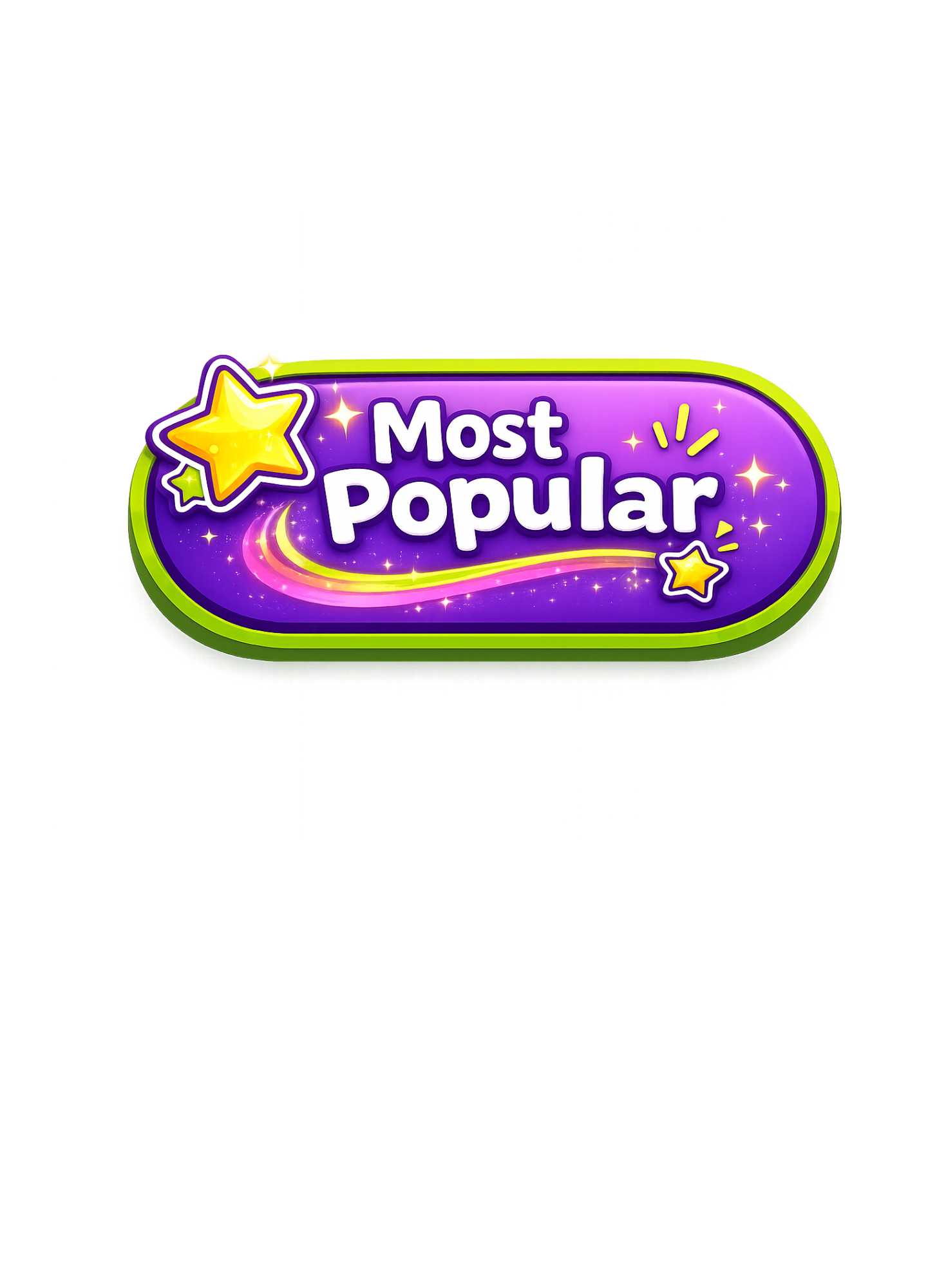 Colorful logo with the text 'Most Popular' in white, surrounded by purple, yellow, and pink stars and sparkles, on a purple background with a green border.