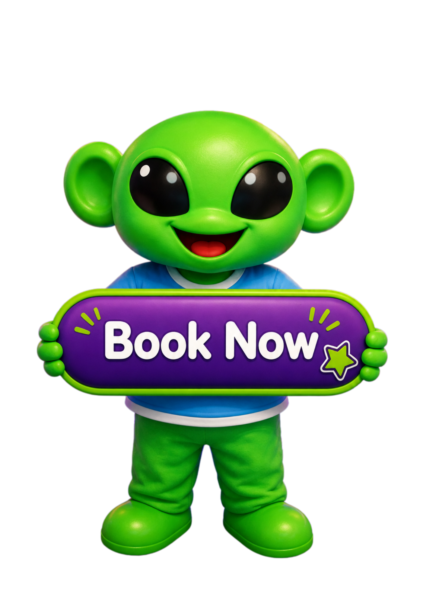 A green cartoon alien mascot with large black eyes and big ears, wearing a blue and white outfit, holding a purple sign that says "Book Now" with a star icon, standing against a black background.
