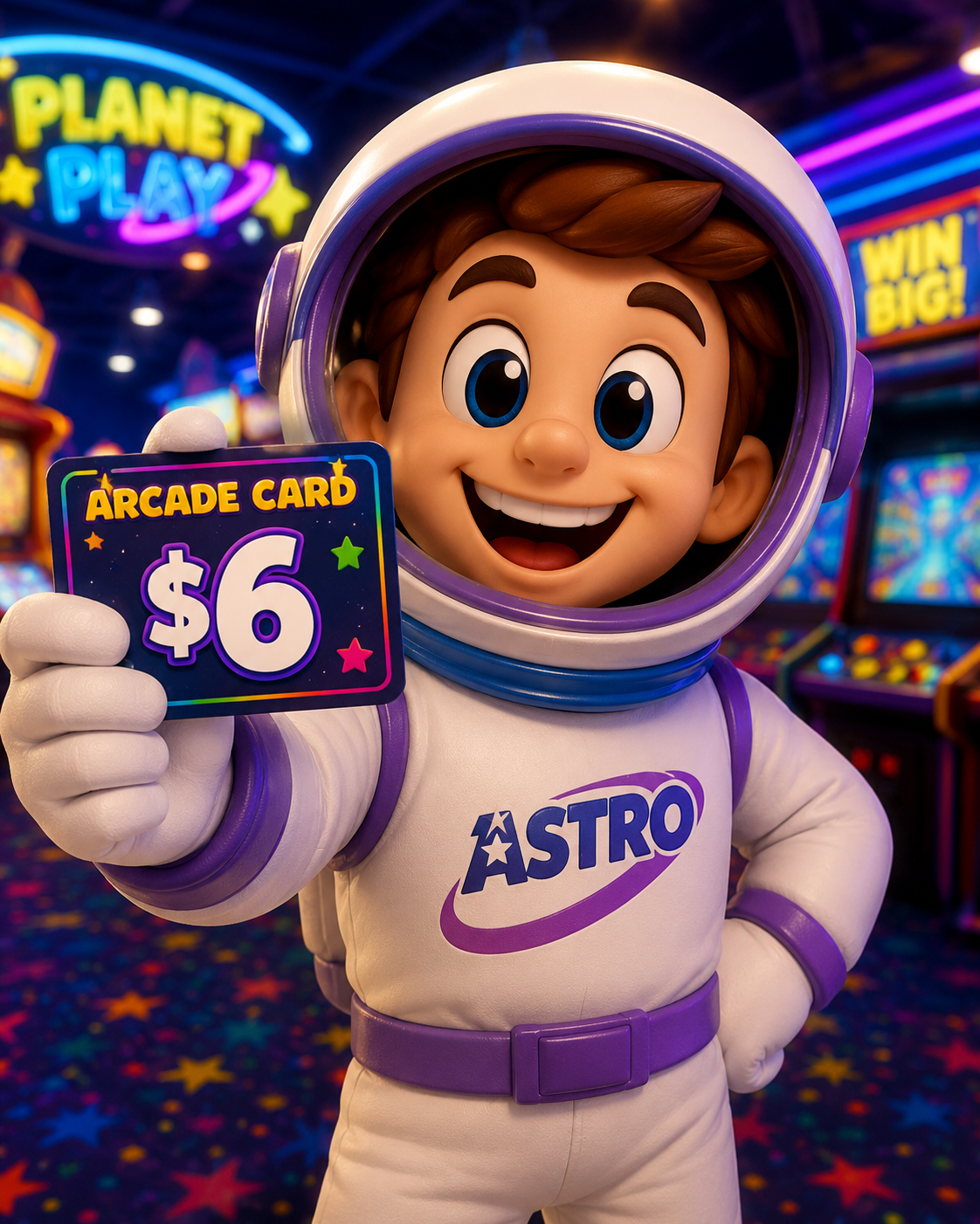 Cartoon character in a space suit holding a $6 arcade card inside an arcade with colorful lights and games.