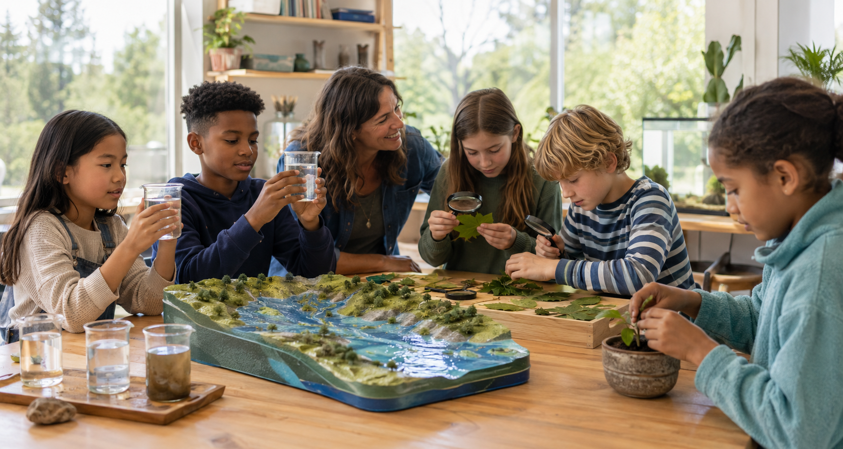 Children participating in a hands-on environmental education class with water testing, plant study, and a watershed model.