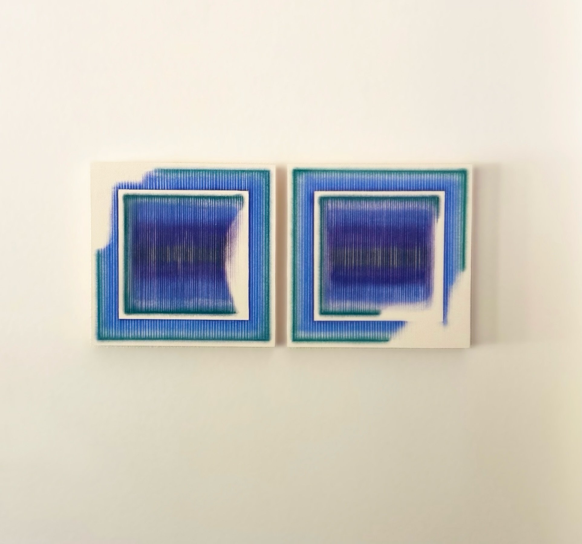 B E T W E E N - B L U E - B R E A T H E S - 2 0 2 6 &bull; 

 A quiet study in repetition, pressure, and fading edges. 
 Built slowly, line by line, until structure begins to 
 dissolve. 
 
 Pastel on paper mounted on wood panels 
 12&rdquo; x 12&rdq