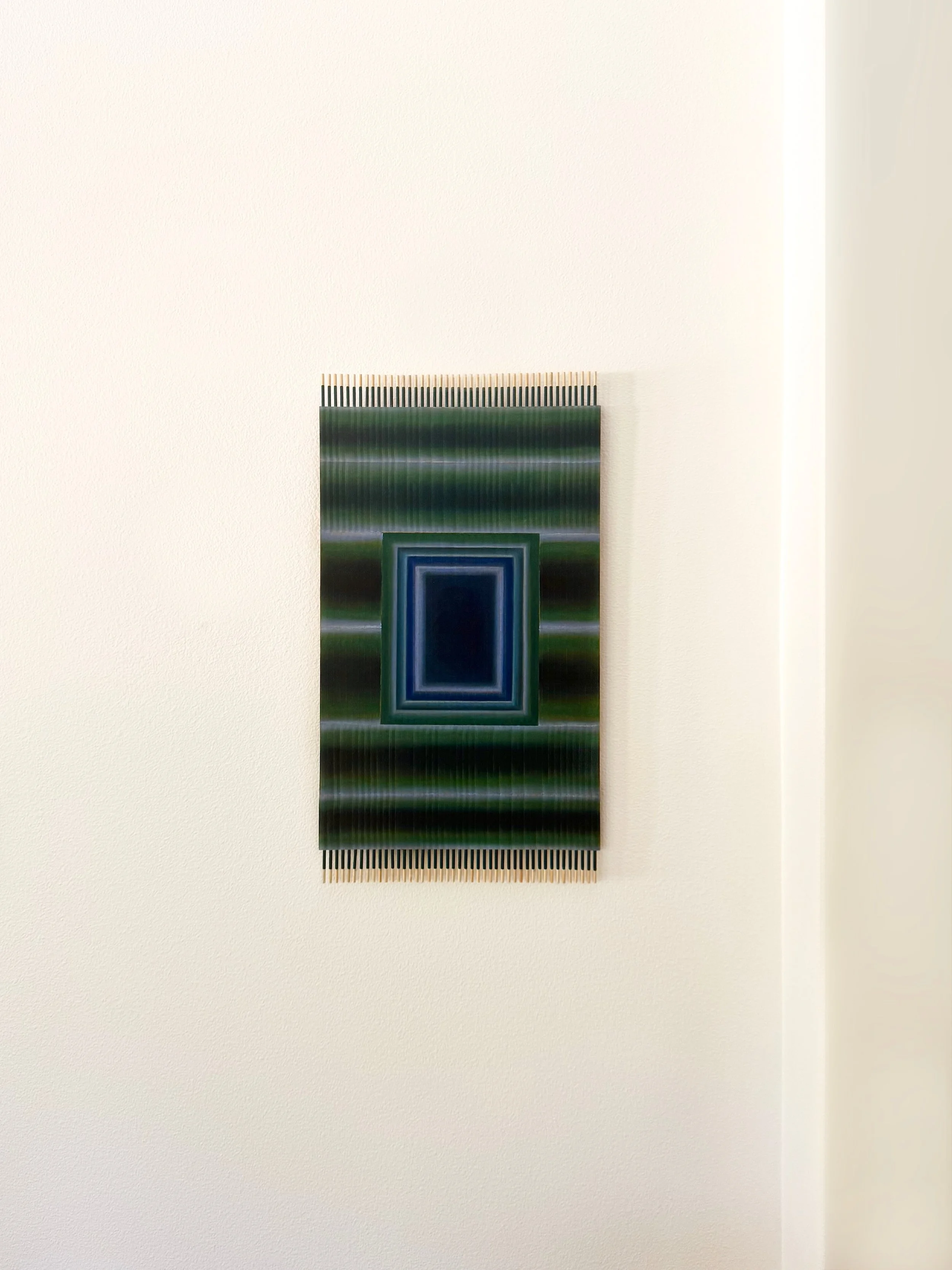 U N T I T L E D - 2 0 2 6 &bull; 

Pastel on Mounted Corrugated Support &bull;
64.5 x 35.5 cm &bull; 

I&rsquo;m interested in materials that carry their own memory. The exposed corrugation and softened surfaces become part of the image itself , sitt