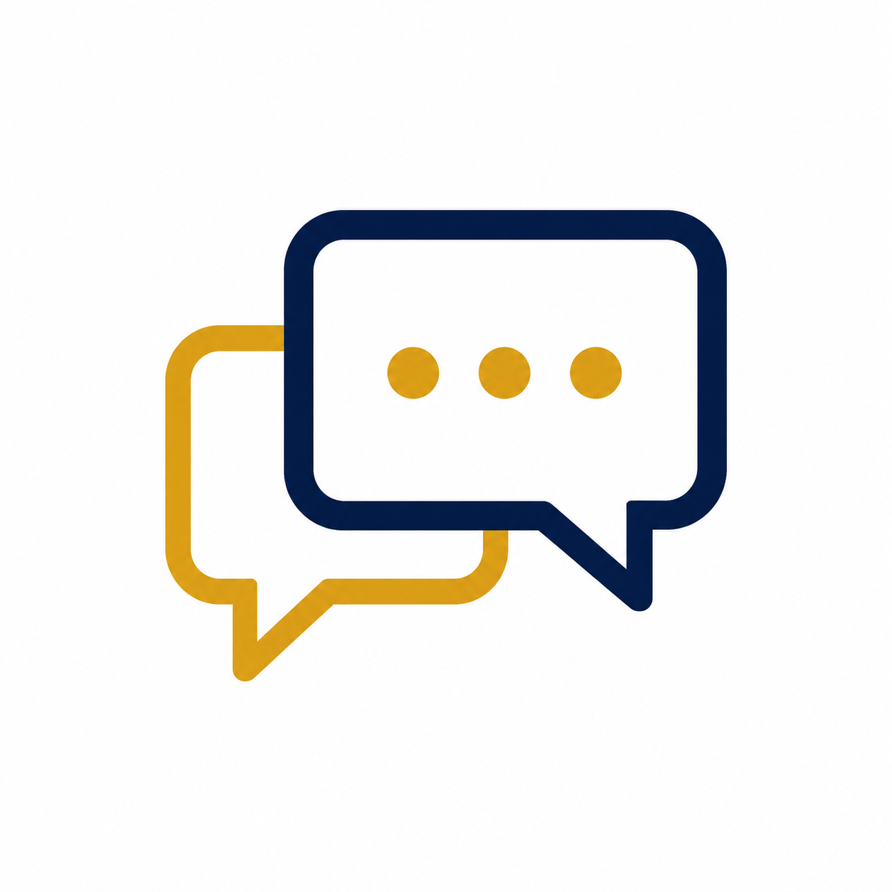 Two overlapping speech bubbles, one in gold and one in dark blue, with the dark blue bubble featuring three dots.