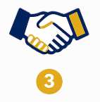 A handshake icon with a gold circle containing the number 3 below it.
