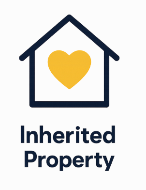 A house outline with a yellow heart inside and the words "Inherited Property" underneath.
