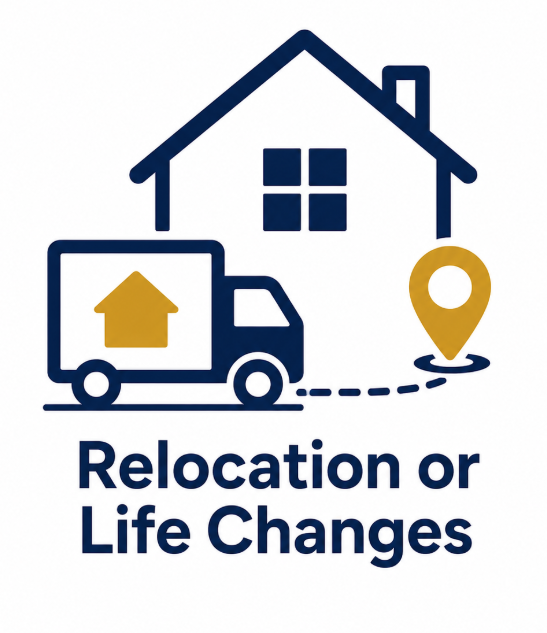 An illustration of a house, moving truck with a house symbol, and a location pin, with the text "Relocation or Life Changes."