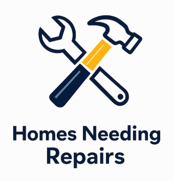 Illustration of a wrench, screwdriver, and hammer crossed over each other with text reading 'Homes Needing Repairs'.
