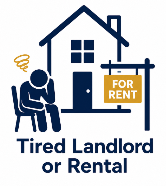 A sign with a house and a 'For Rent' sign, and a person sitting on a chair looking frustrated, with the text 'Tired Landlord or Rental'.
