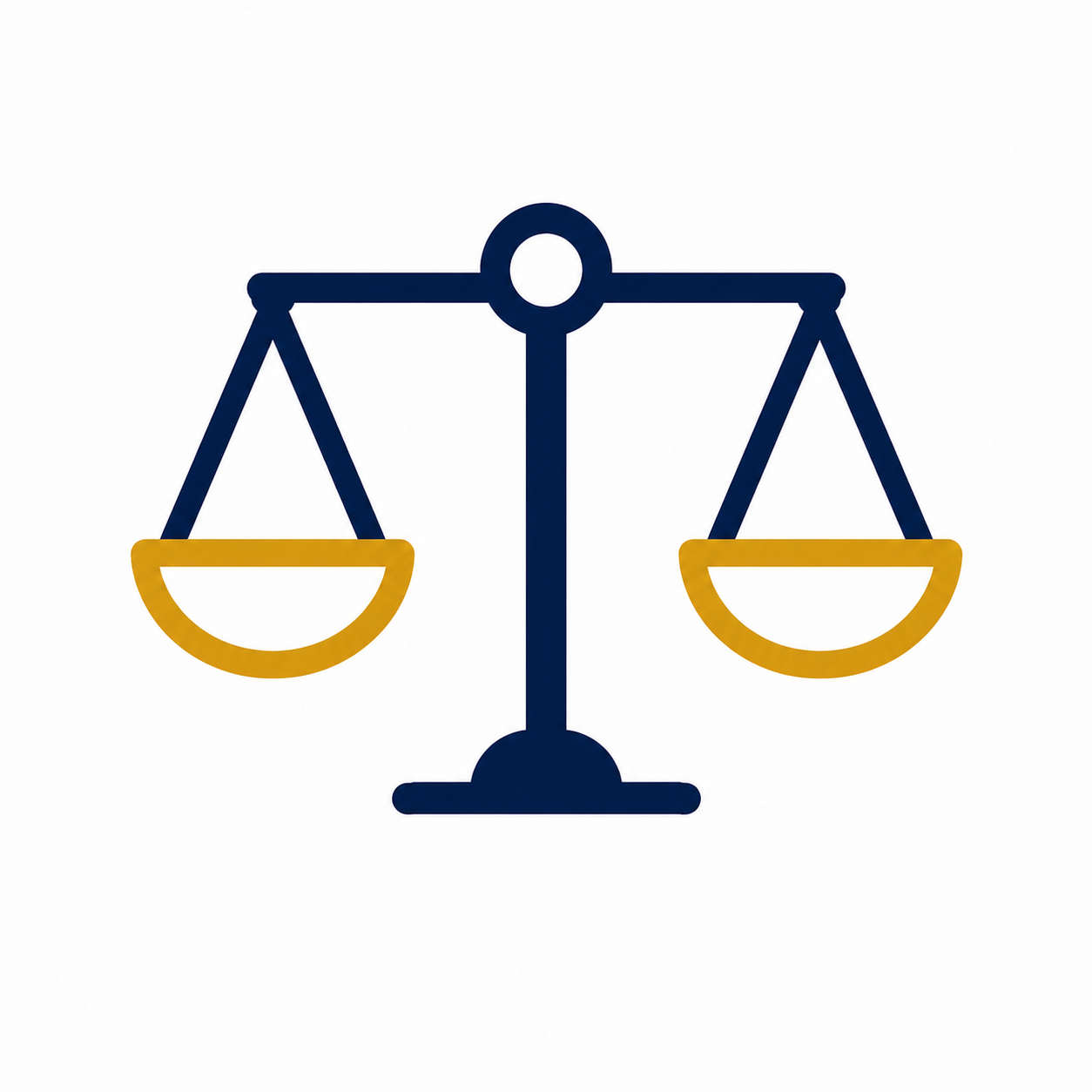 A graphic of a balance scale with a navy blue stand and gold pans.