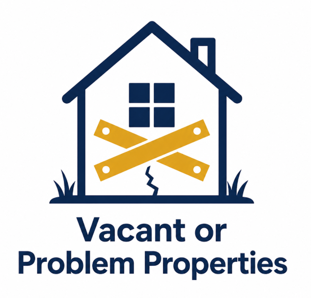 Illustration of a house with a cracked wall, a window, and a chimney, with two yellow measuring tapes crossed in front, representing vacant or problematic properties, and the text 'Vacant or Problem Properties' below.