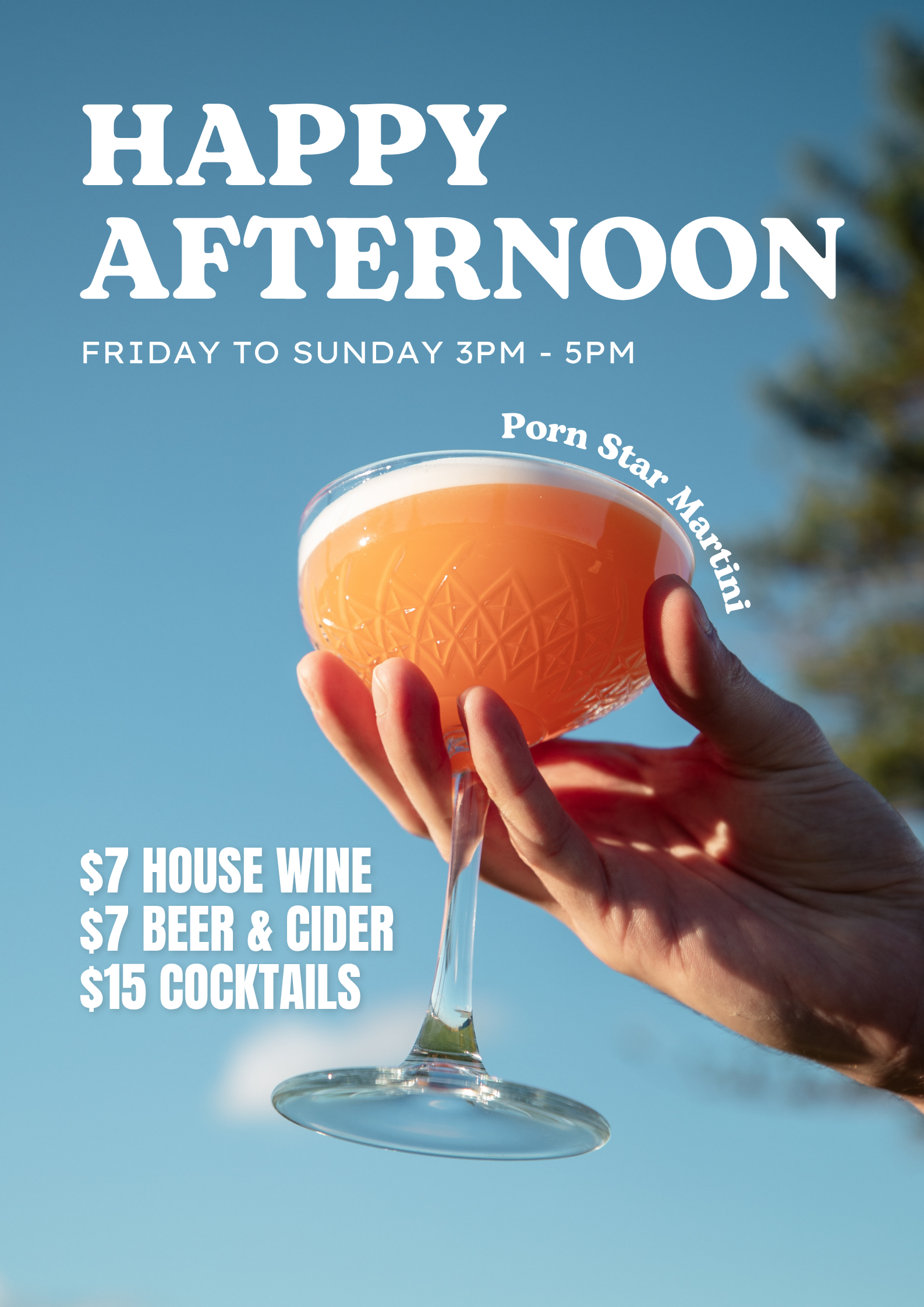 A cocktail in hand with the sunset of a beach in the background. Happy hour runs Friday to Sunday from 3:00pm to 5:00pm. Cocktails are $15, Beers and Wine are $7 