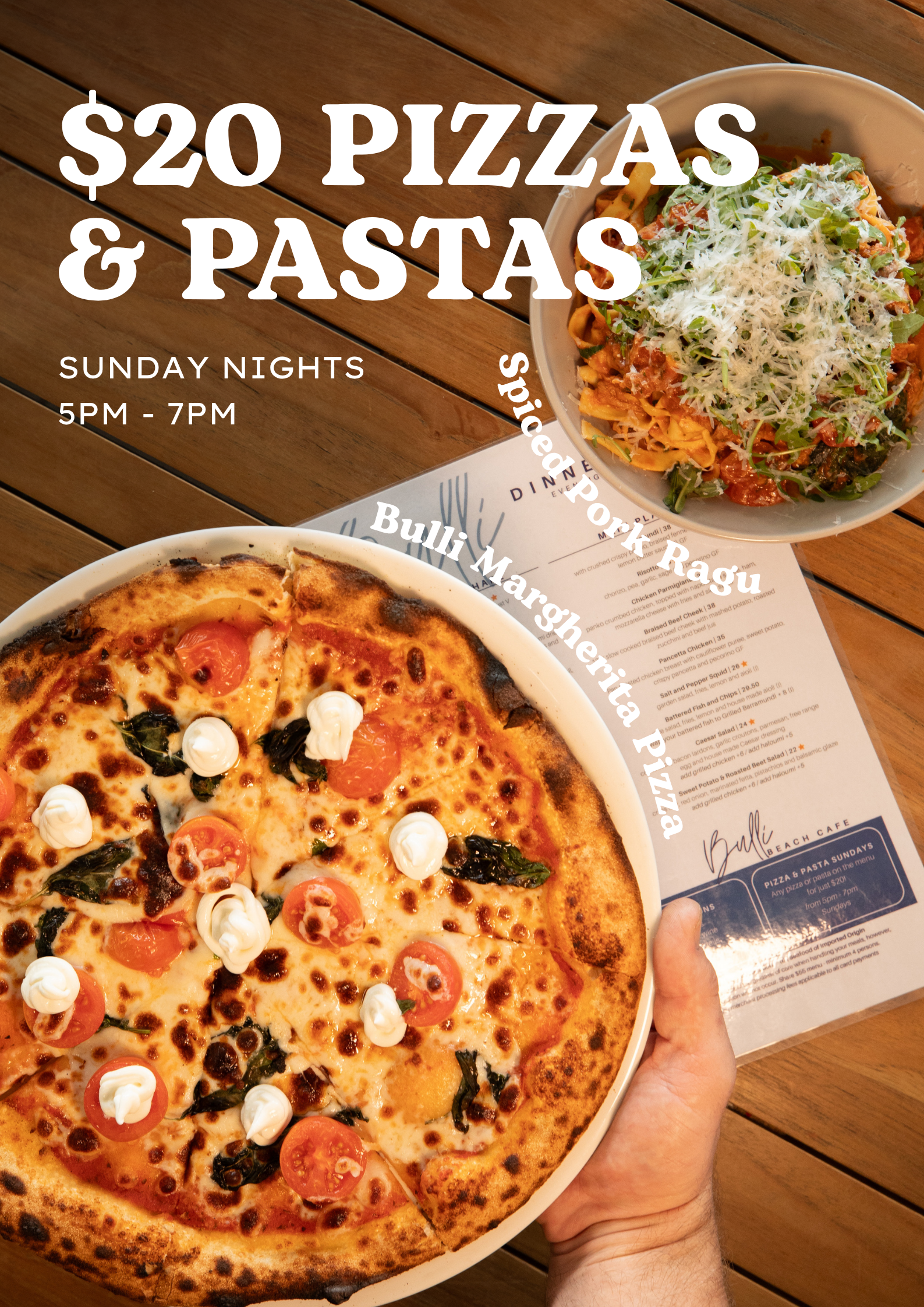 Grab pizza or a pasta for just $20 at Bulli beach cafe on Sunday from 5:00pm to 7:00pm
