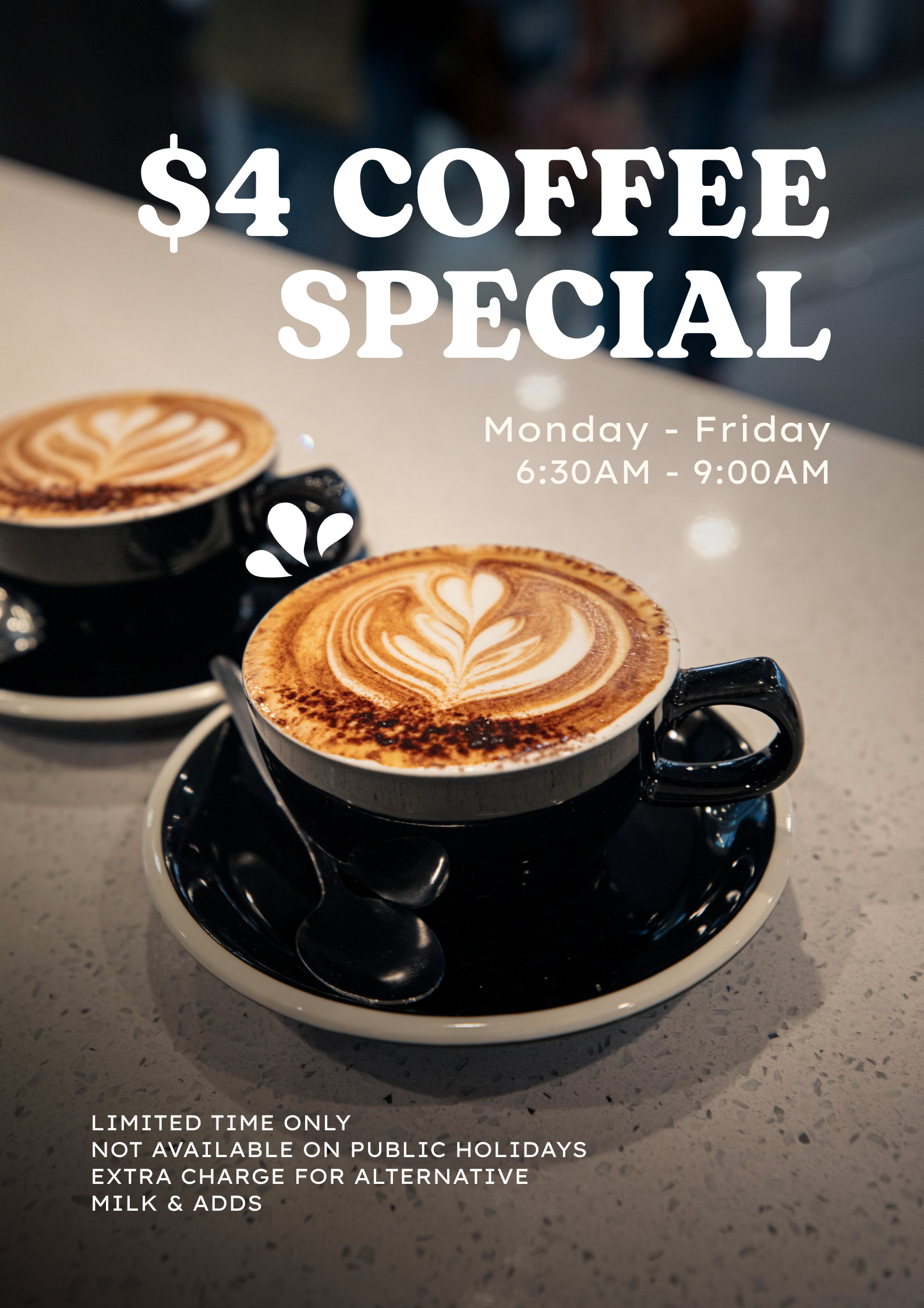 You can grab cheap baritsa quality coffees for $4 at Bulli beach cafe from 6:30am to 9:00am Monday to Friday 