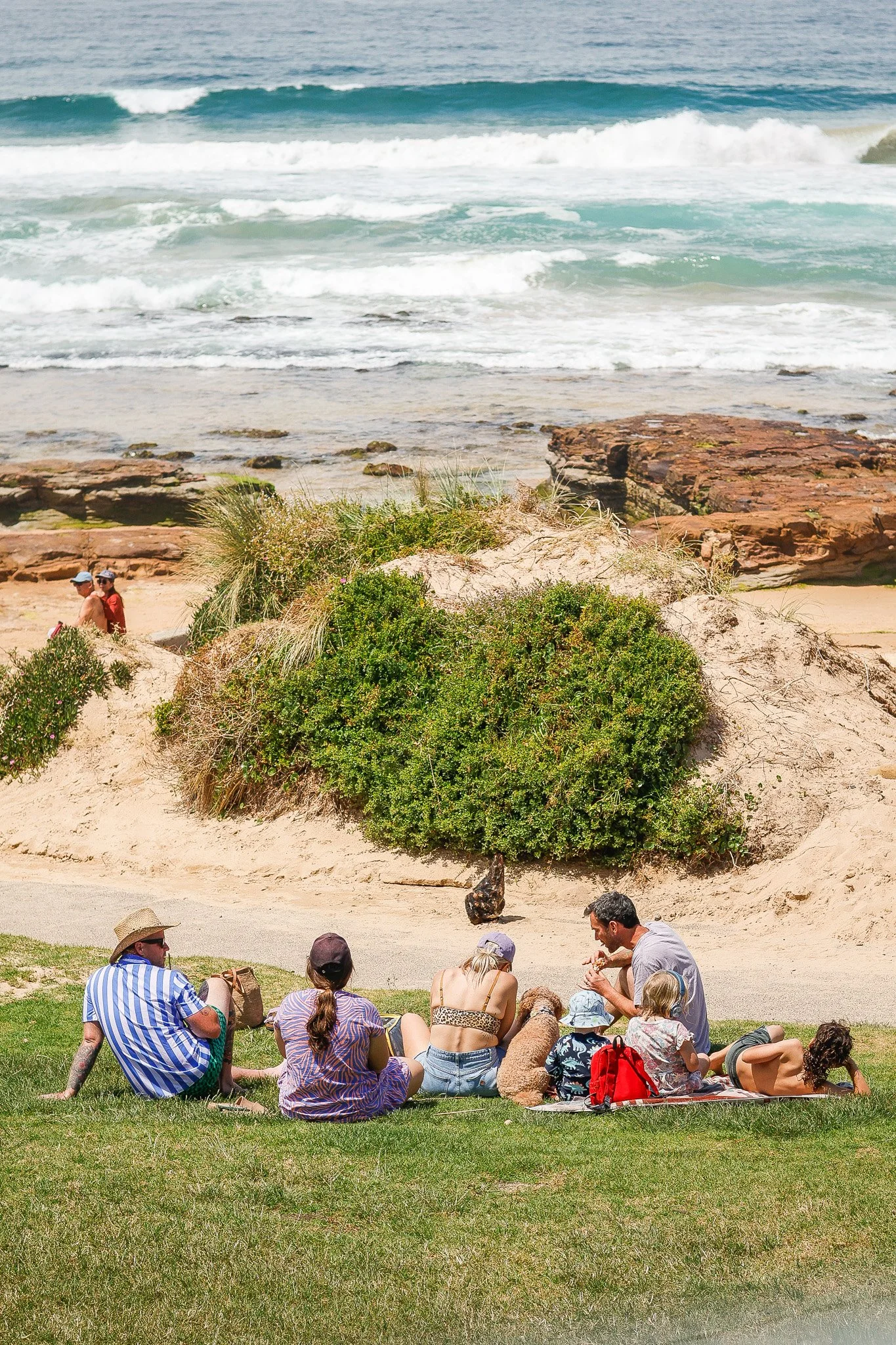 Group of people sitting and relaxing eating takeaway food from Bulli Beach Cafe  on a grassy area, with ocean waves, rocks, and dunes in the background.