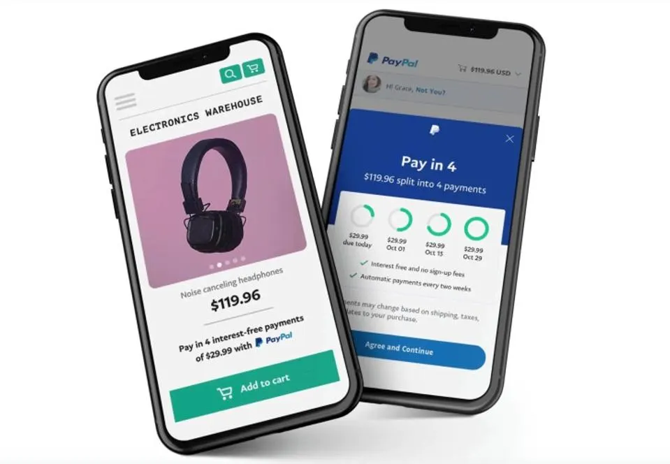 Two smartphones displaying an online electronics store and PayPal payment options, with headphones on the left screen and a split payment plan on the right