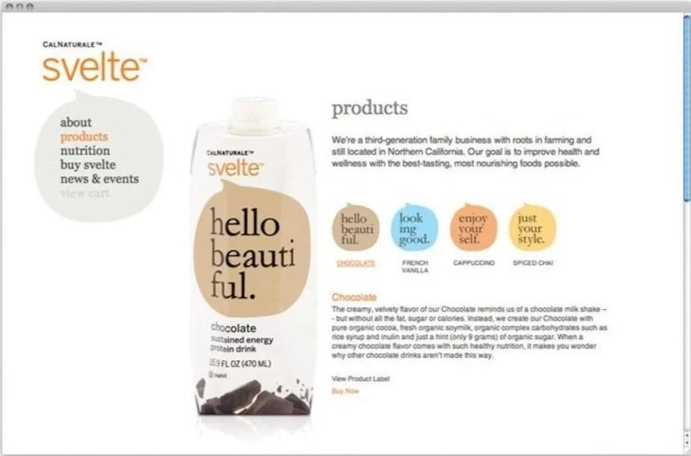 Svelte product page featuring a chocolate flavored protein drink and images of other flavors including vanilla, cappuccino, and chai.