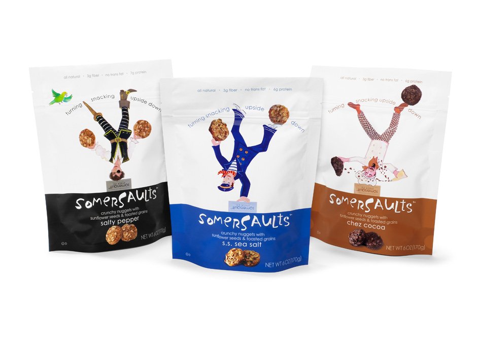 Three bags of Somersaults snack crisps with cartoon characters on the packaging, featuring vibrant colors and illustrations of characters balancing on their heads with snack balls.