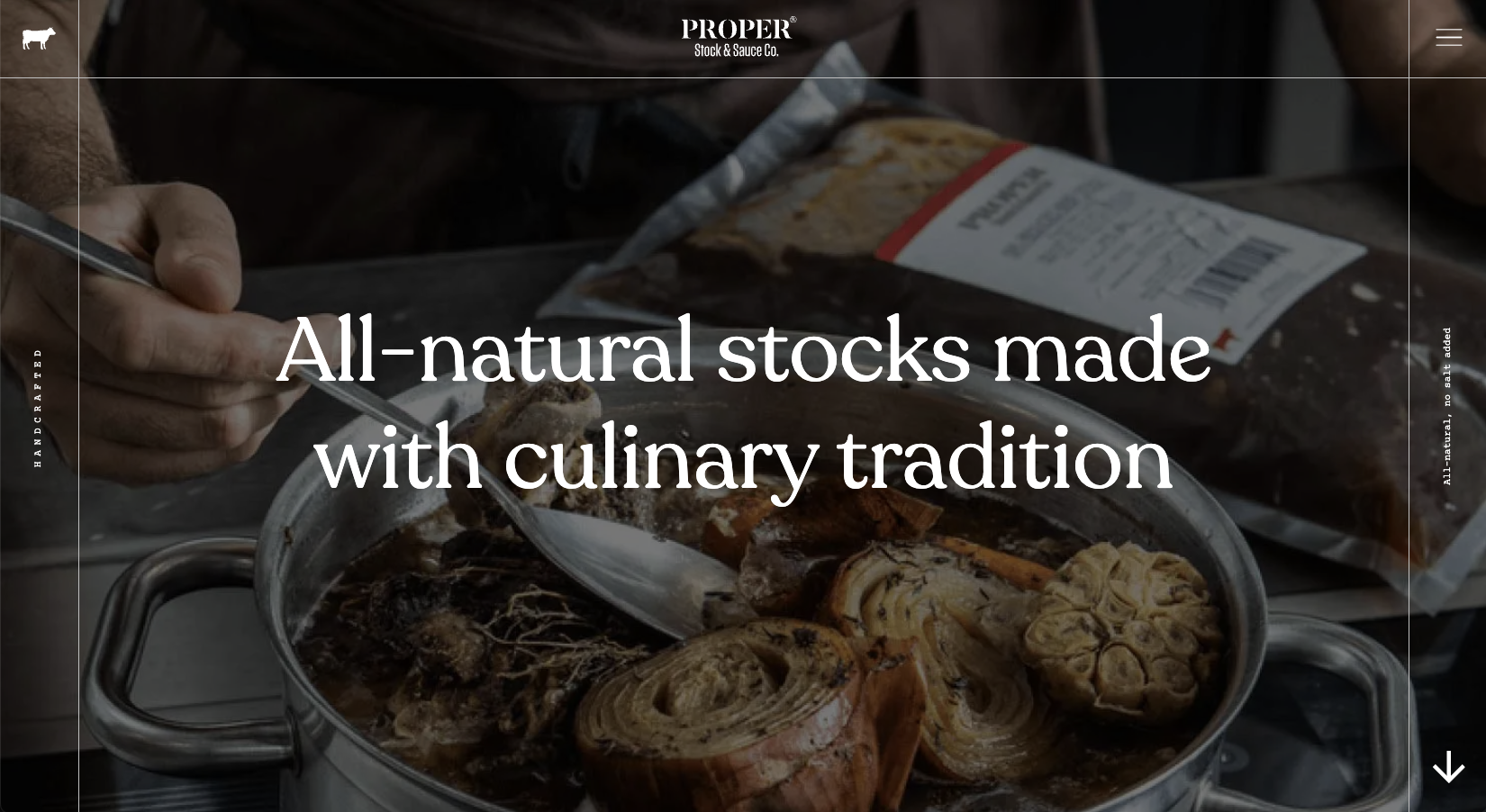 A person is serving a dish of assorted roasted vegetables and herbs from a stainless steel pot, with packaged food in the background. The overlay text promotes all-natural stocks made with culinary tradition.