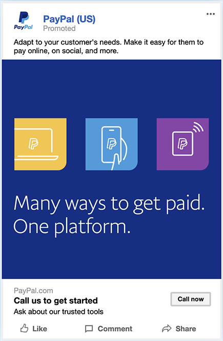 PayPal advertisement highlighting various payment options with icons and the text 'Many ways to get paid. One platform.'