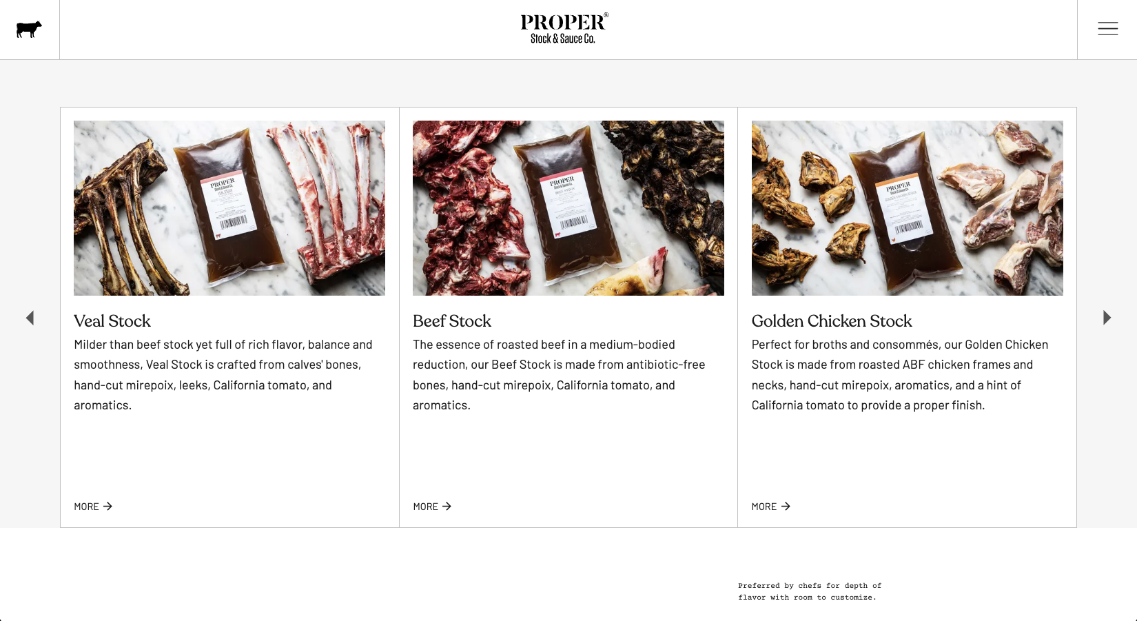 Screenshot of a website product page from Proper Stock & Sauce Co., displaying three types of meat stocks: Veal Stock, Beef Stock, and Golden Chicken Stock, each with description and images of meat cuts and stock packaging.