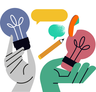 Two stylized hands holding lightbulbs, with speech bubbles and a pencil in the background, representing ideas and communication.