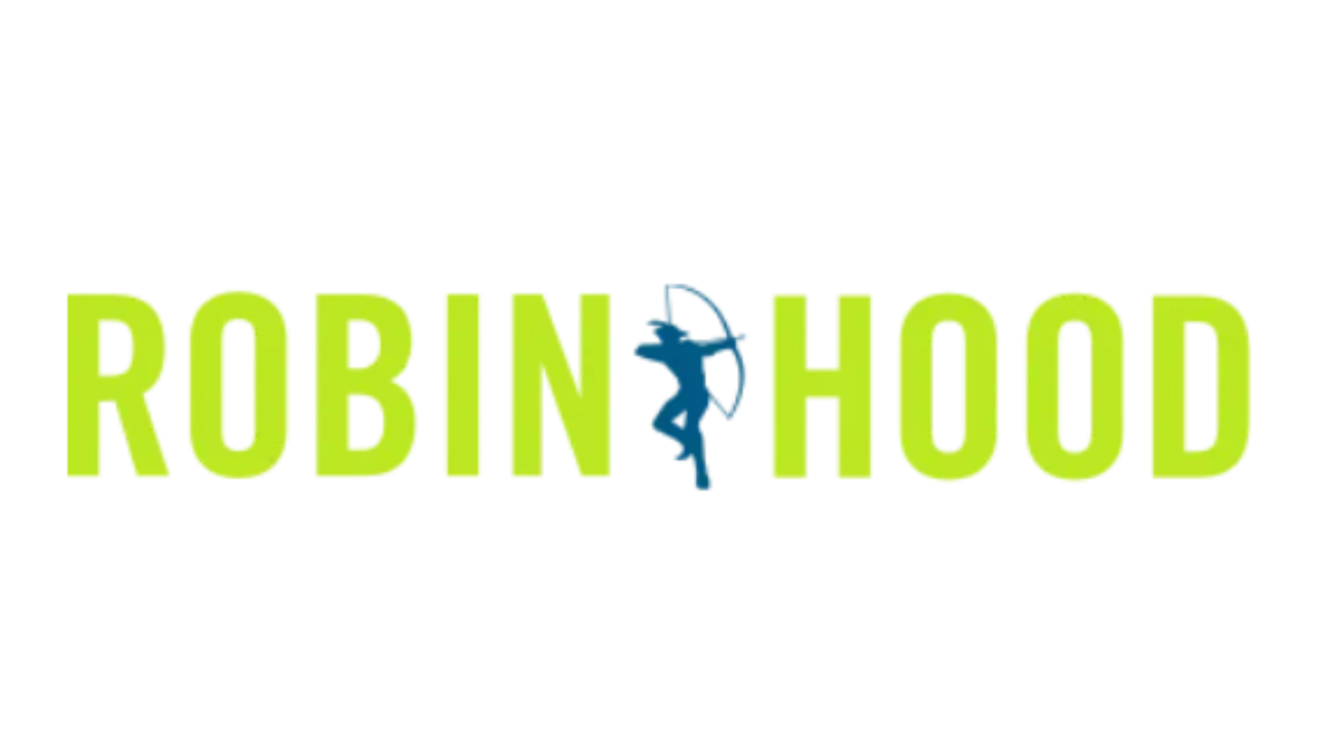 The text 'ROBIN HOOD' in green capital letters with a blue silhouette of Robin Hood holding a bow and arrow positioned between the two words.