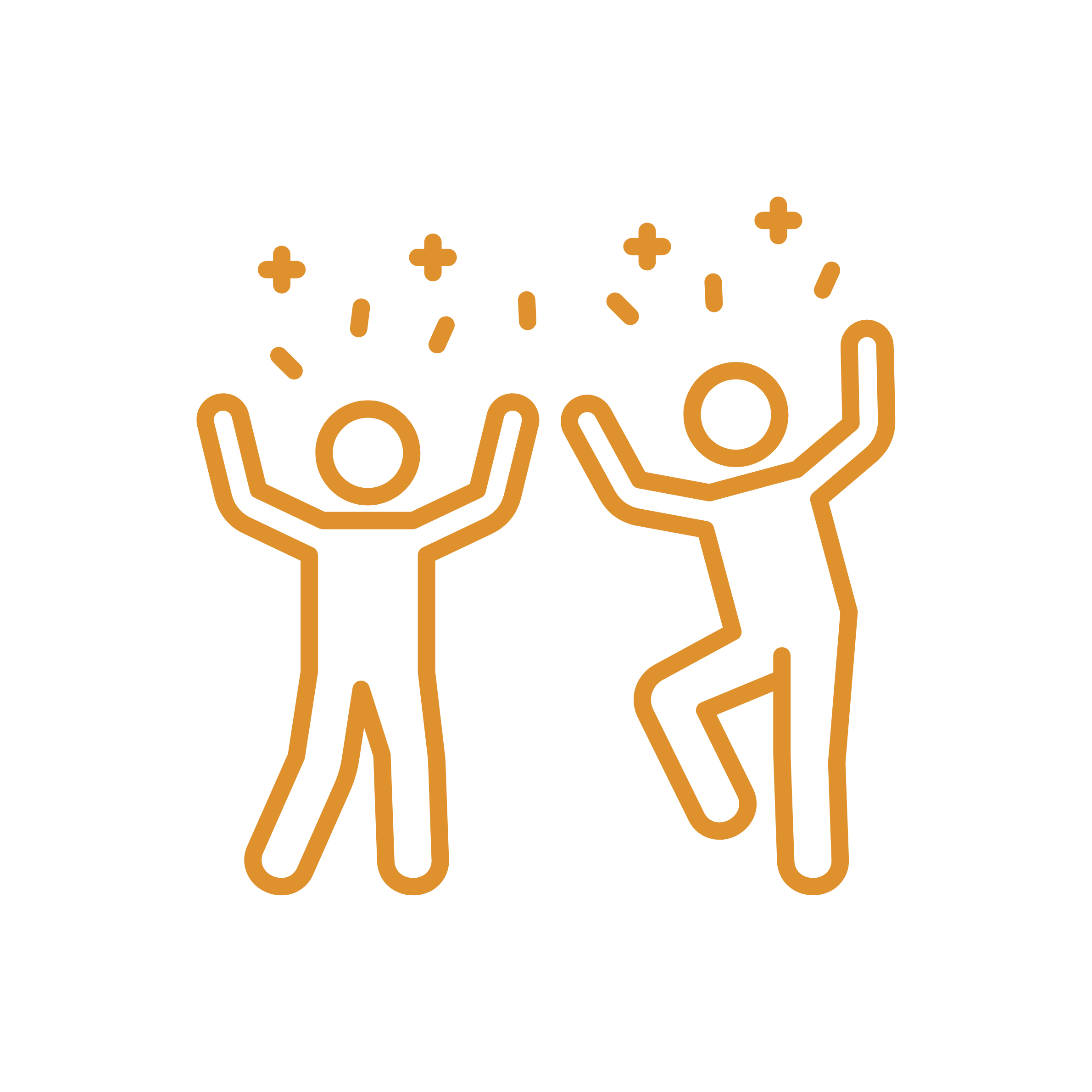 Line art digital illustration of two people celebrating with raised hands and confetti, on a black background.