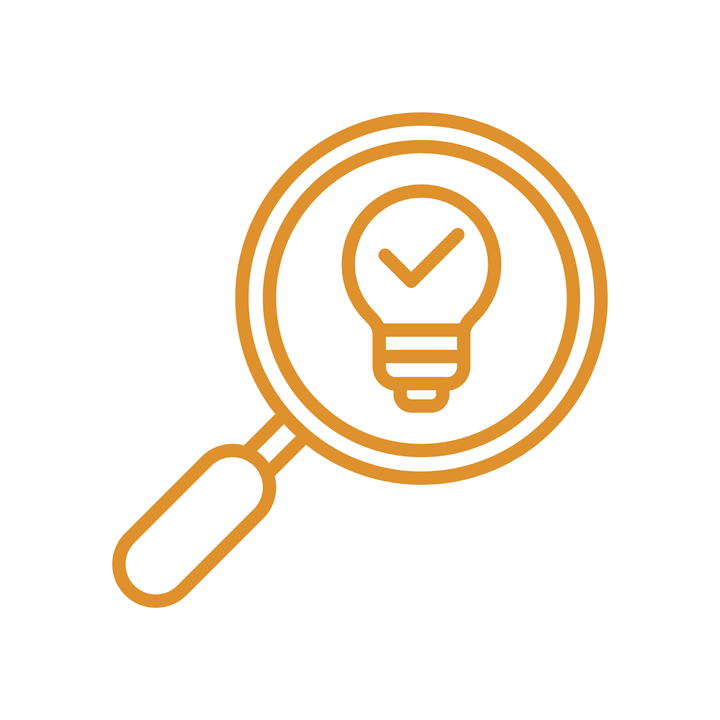 Magnifying glass with a lightbulb and check mark inside.