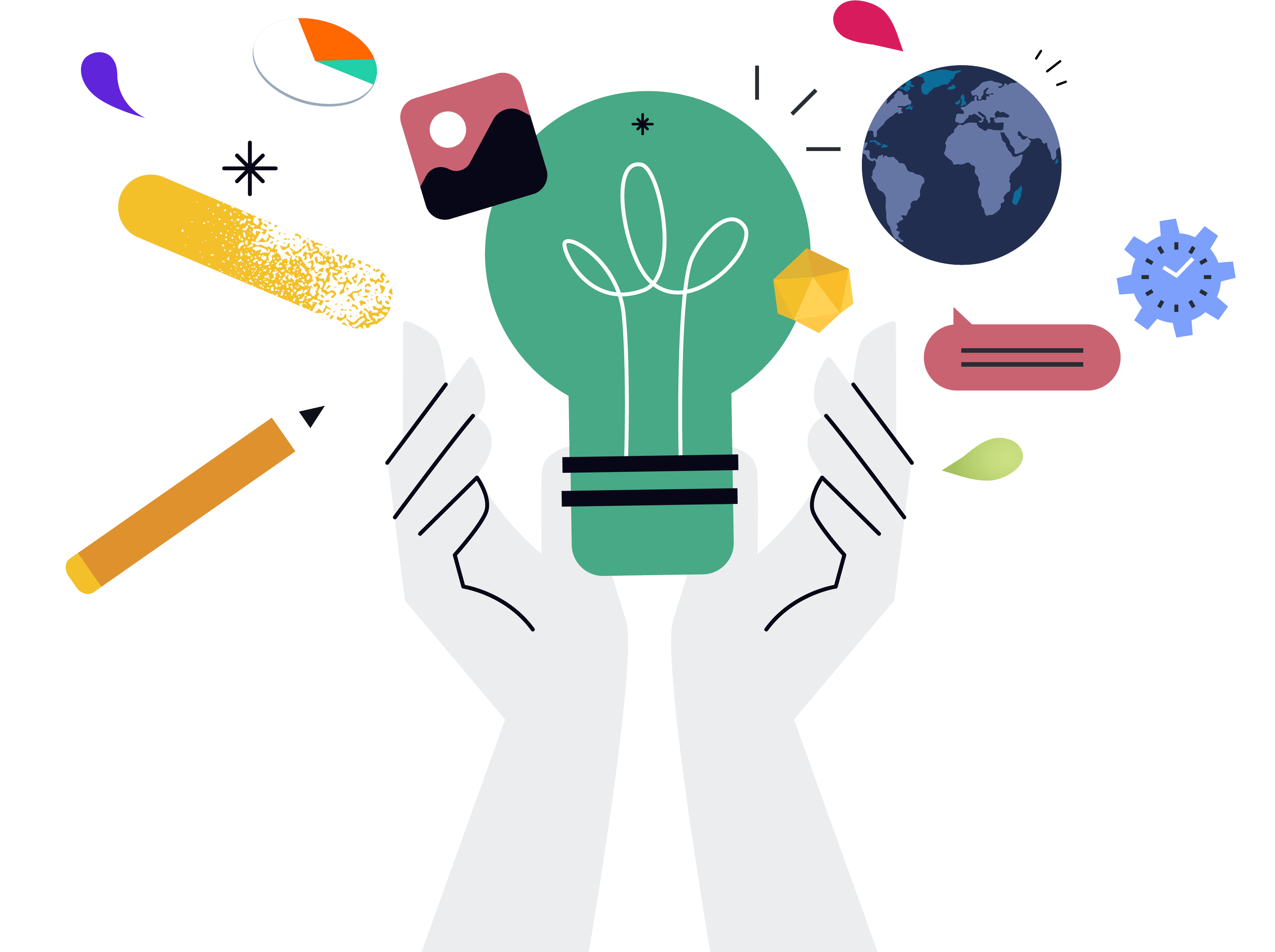 A digital illustration of a pair of hands holding a green light bulb, with various icons and symbols floating around, including a globe, clock, pie chart, and speech bubble.