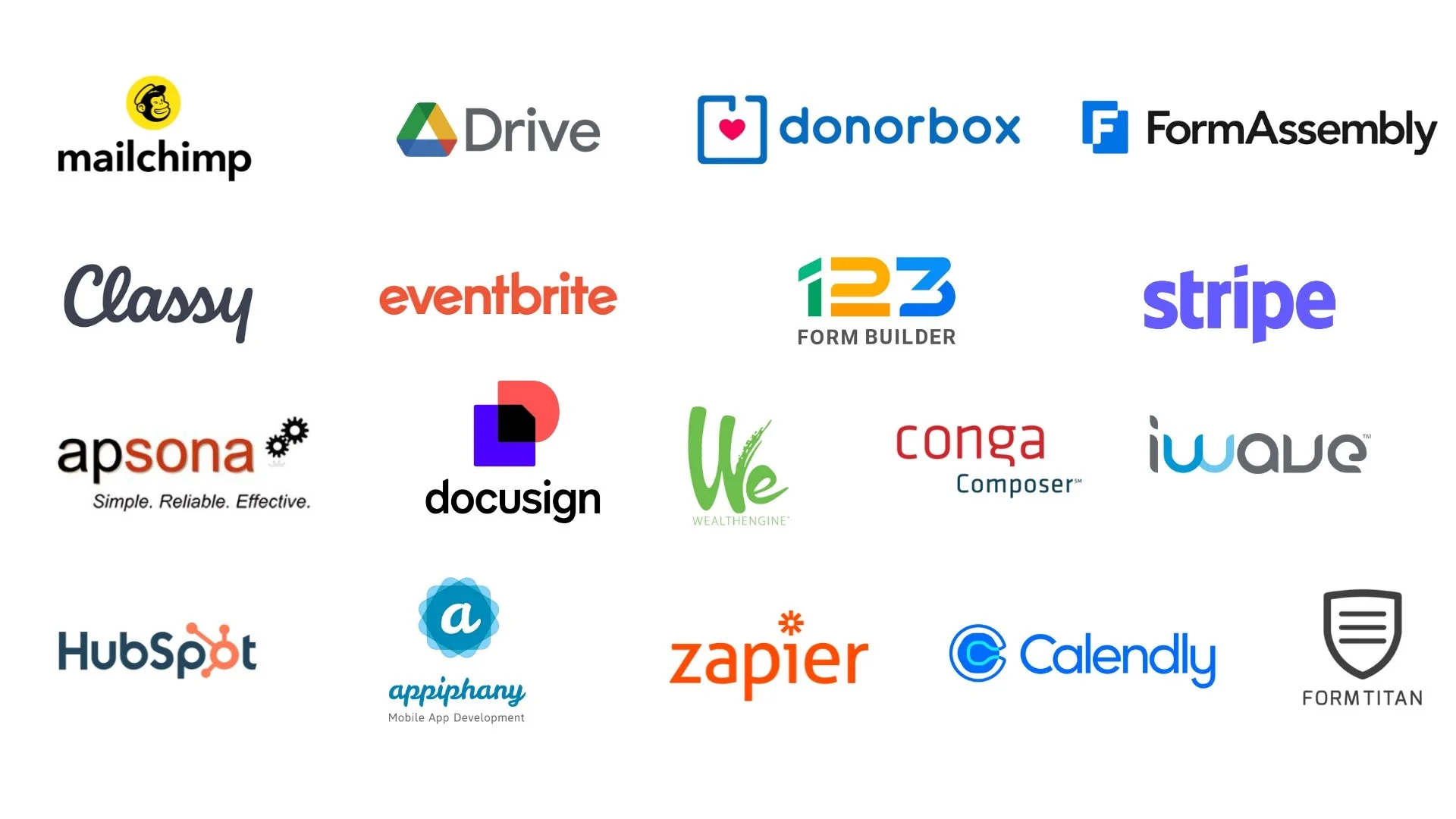 Collection of logos for various online services and software including Mailchimp, Google Drive, Donorbox, FormAssembly, Classy, Eventbrite, 123 Form Builder, Stripe, APSONA, Docusign, WealthEngine, Conga Composer, IWAVE, HubSpot, Appiphany, Zapier, Calendly, and FormTitan.