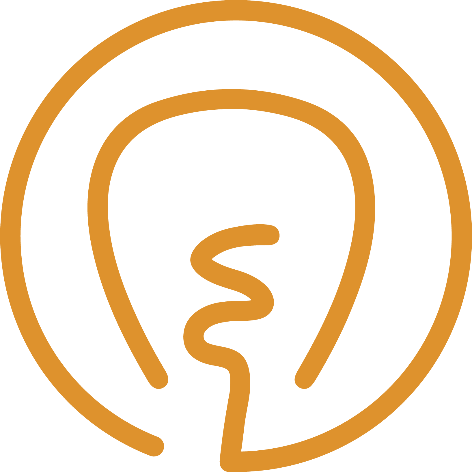 A logo with a stylized light bulb and a winding line inside, in brown color on a black background.