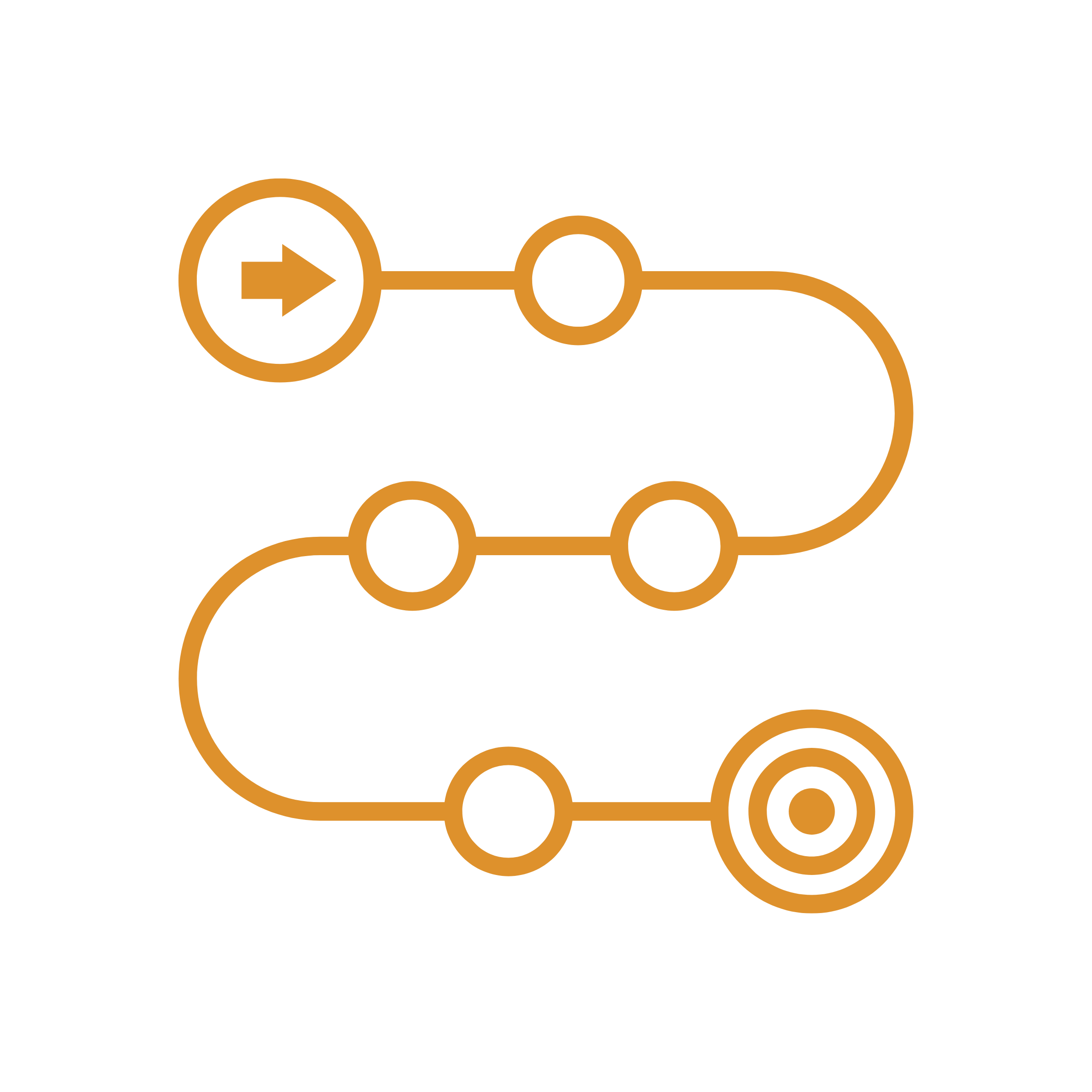 Flowchart diagram with a starting point on the left, connected by lines to several circles, ending in a target icon on the bottom right, all on a black background.